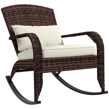 Outsunny Outdoor Wicker Adirondack Rocking Chair, Patio Rattan Rocker Chair With High Back, Seat Cushion, And Pillow For Garden, Porch, Balcony, Cream White White Rattan