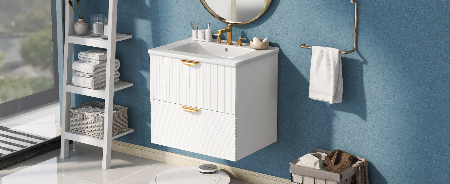 Modern 24 Inch Wall Mounted Bathroom Vanity With 2 Drawers, White Ideal For Small Bathrooms White Bathroom Mdf