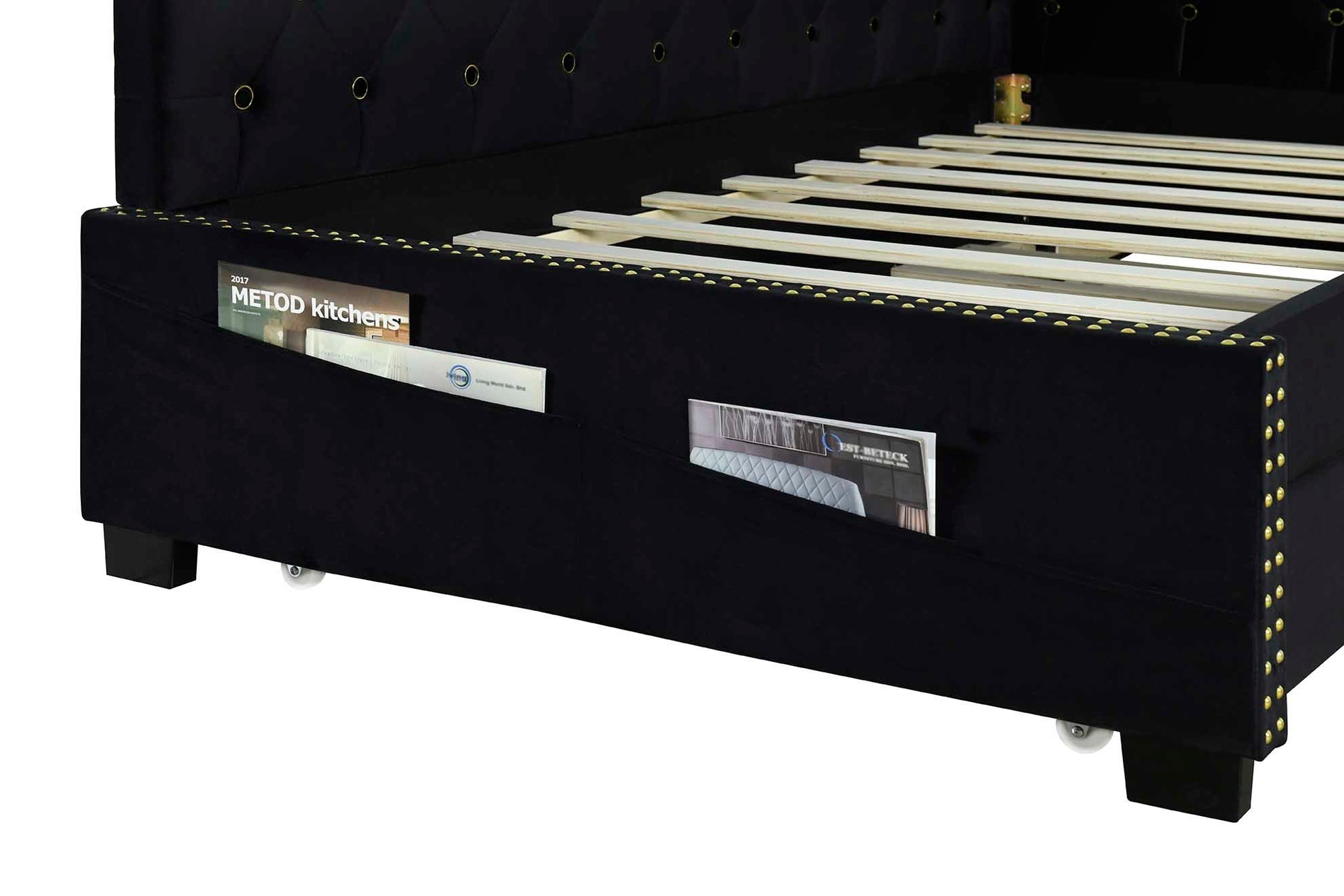 Black Upholstered Twin Size Daybed Bed Frame Corner Bed With Trundle, Velvet Fabric, Studding Design, No Box Spring Required, Fits Any Style Box Spring Not Required Twin Black Wood Espresso Bedroom Artsy,Retro,Vintage Rubberwood Fiber Foam And Polyester