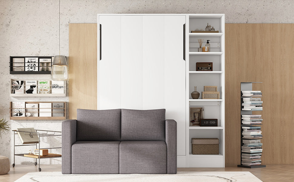 Twin Size Murphy Bed Wall Bed With Sofa,With Shelves,White Twin White Plywood