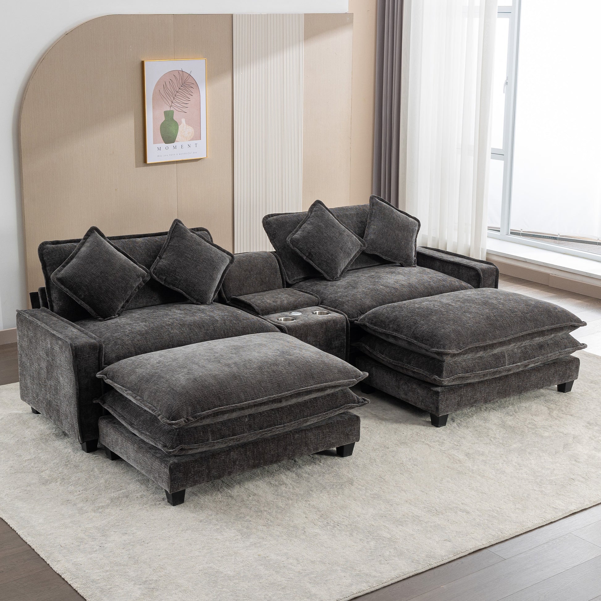 112.6" Sectional Sofa Chenille Upholstered Sofa With Two Removable Ottoman, Two Usb Ports, Two Cup Holders And Large Storage Box For Living Room, Black Black Foam Chenille 2 Seat