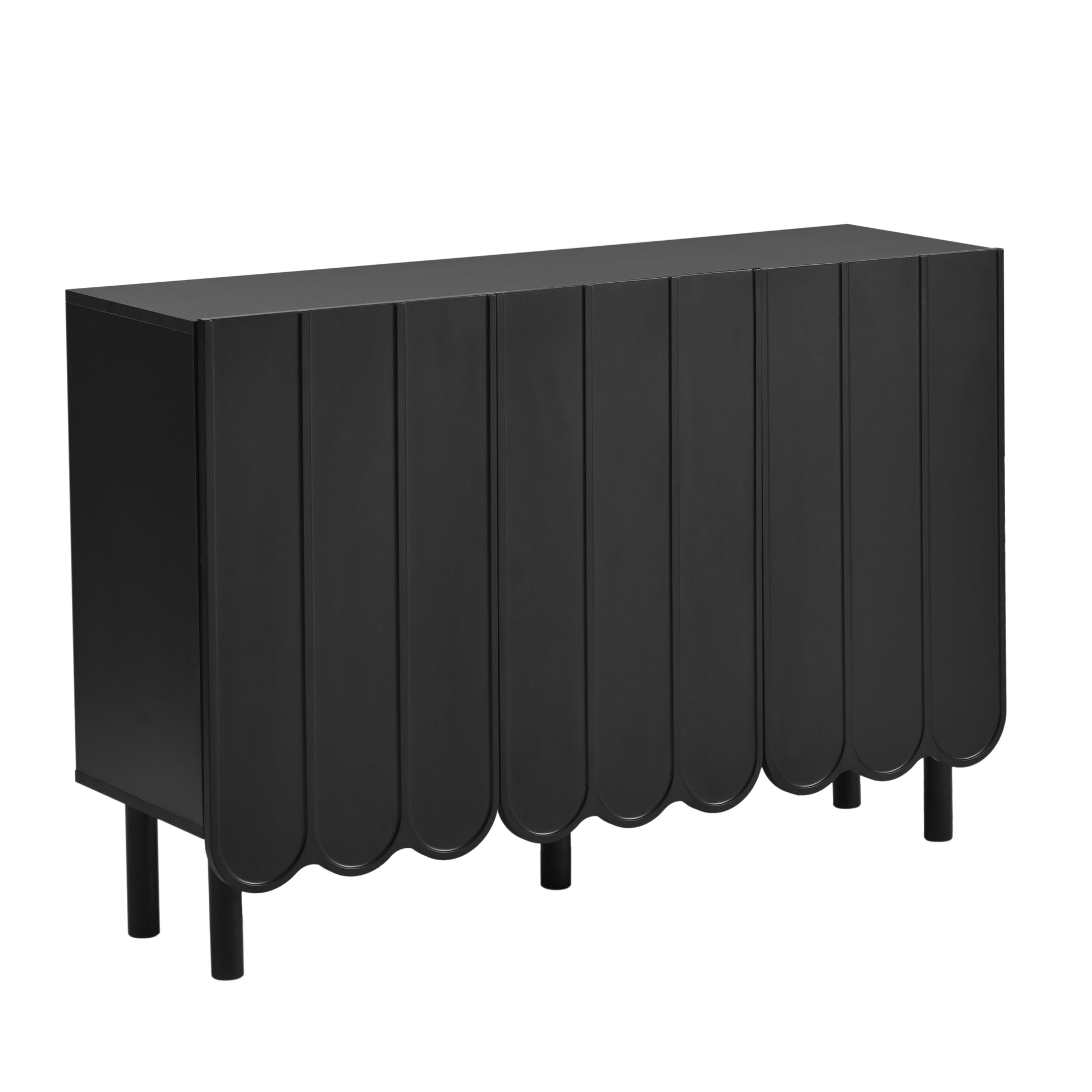 Cream Style Minimalist Shoe Cabinet With 5 Solid Wood Legs, Sideboard Buffet Cabinet With Adjustable Shelves, Large Storage Cabinet With Wave Doors For Living Room, Black Black Mdf