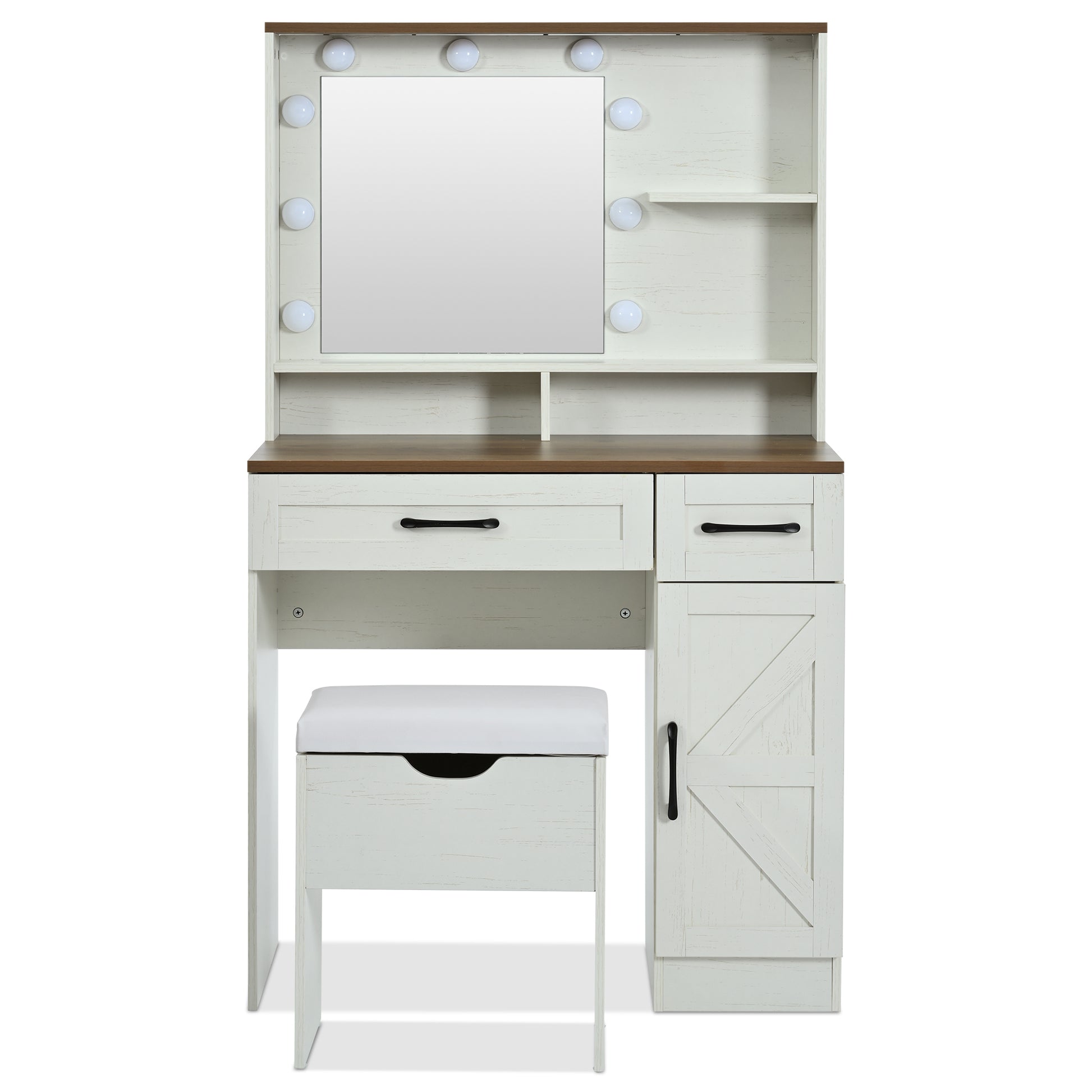 Farmhouse Makeup Vanity Desk With Mirror And Lights, 3 Lighting Modes, Vanity Set With Stool, Dressing Table With Adjustable Shelves,2 Drawers And Side Cabinet For Bedroom, White Brown White Bedroom