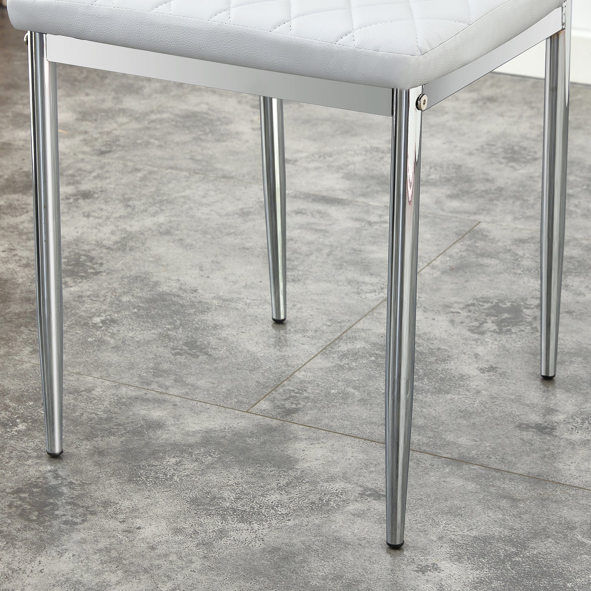 Table And Chair Set.Large Modern Rectangular Table With Brown Glass Top And Silver Metal Legs. Paired With 6 Light Gray Chairs With Checkered Armless High Back Pu Cushion And Silver Metal Legs. Light Gray,Silver Seats 6 Glass Metal
