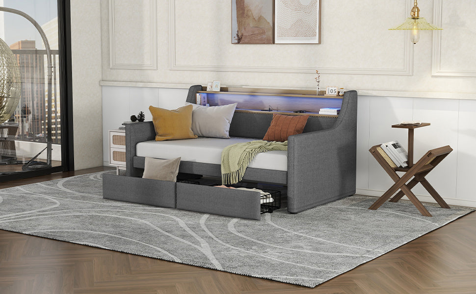 Twin Size Daybed With Storage Drawers, Upholstered Daybed With Charging Station And Led Lights, Gray Old Item W1580S00034 Twin Gray Linen