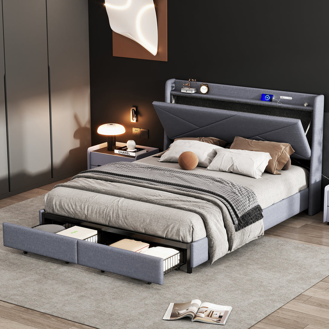 Queen Size Upholstery Platform Bed With Storage Headboard, Led, Usb Charging And 2 Drawers, Gray Queen Gray Upholstered