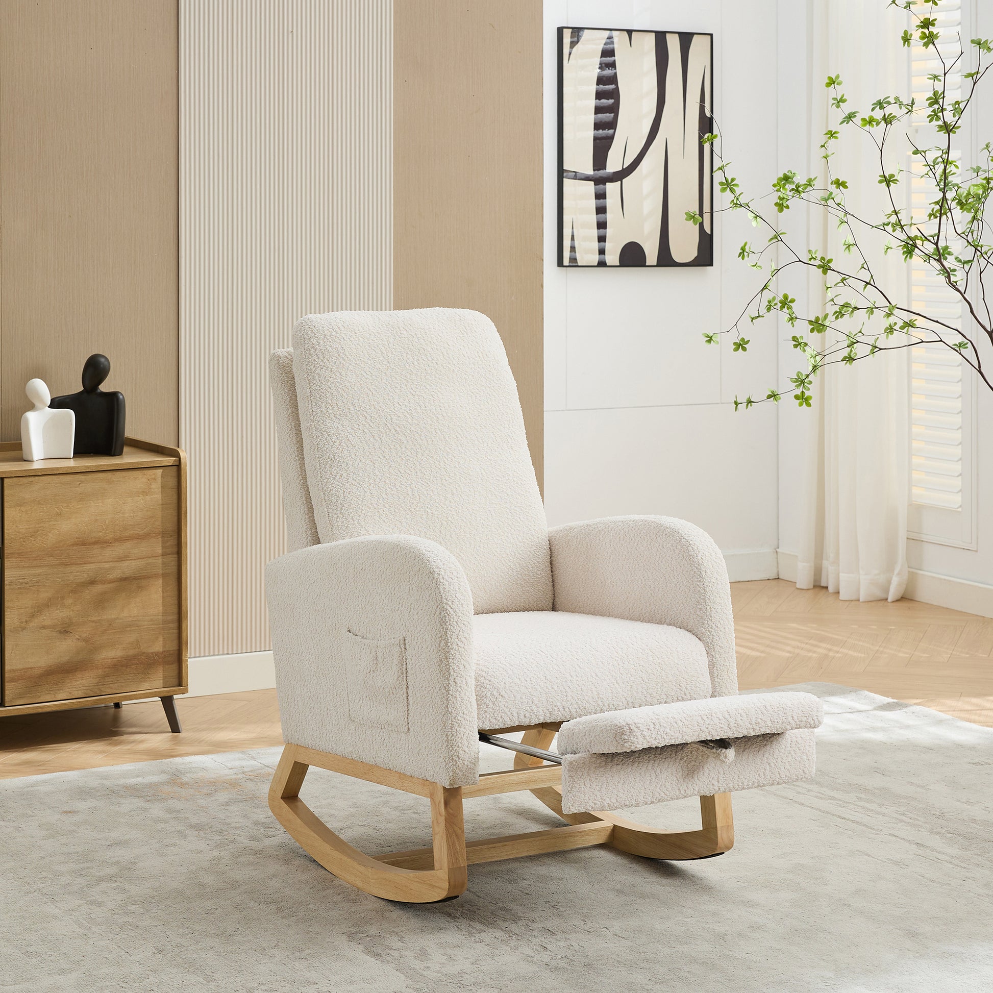 25.4"W Rocking Chair For Nursery, High Back Glider Chair With Retractable Footrest, Side Pocket, Rocking Accent Armchair With Rubber Wood Legs For Living Room Bedroom.Ivory Ivory Boucle