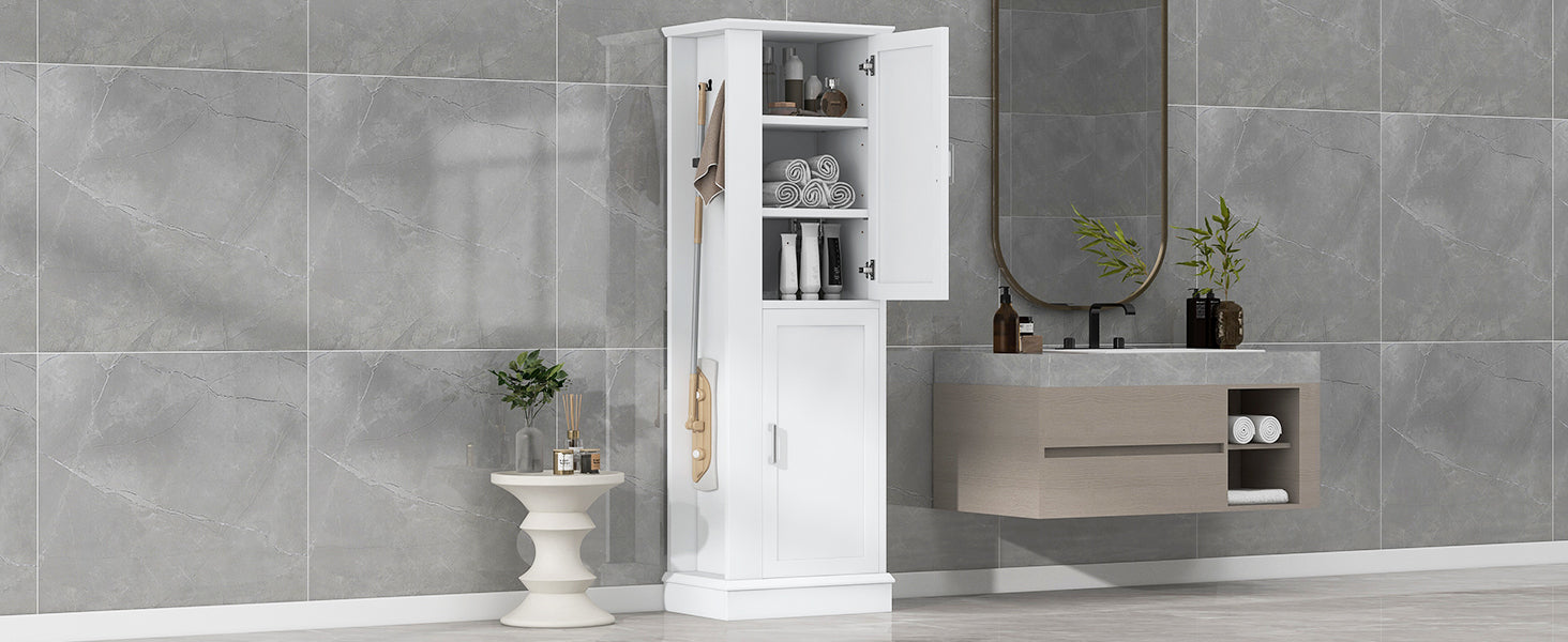 Tall Bathroom Storage Cabinet, Freestanding Storage Cabinet With Hook And Adjustable Shelf, Mdf Board, White White 2 Mdf