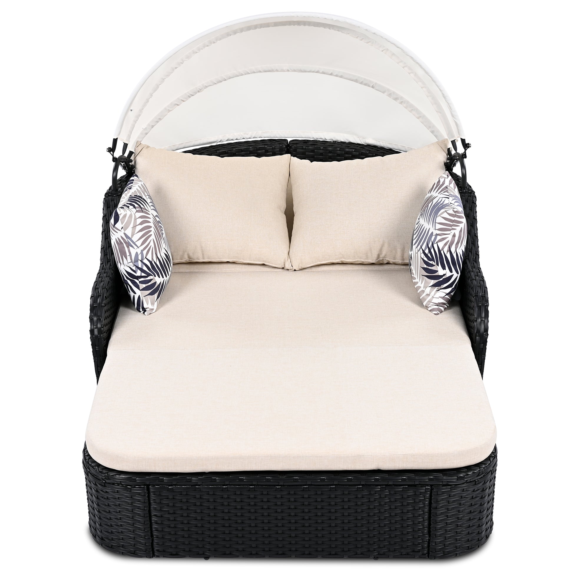 79.9" Outdoor Sunbed With Adjustable Canopy, Double Lounge, Pe Rattan Daybed, Black Wicker And Beige Cushion Yes Beige Black Wicker