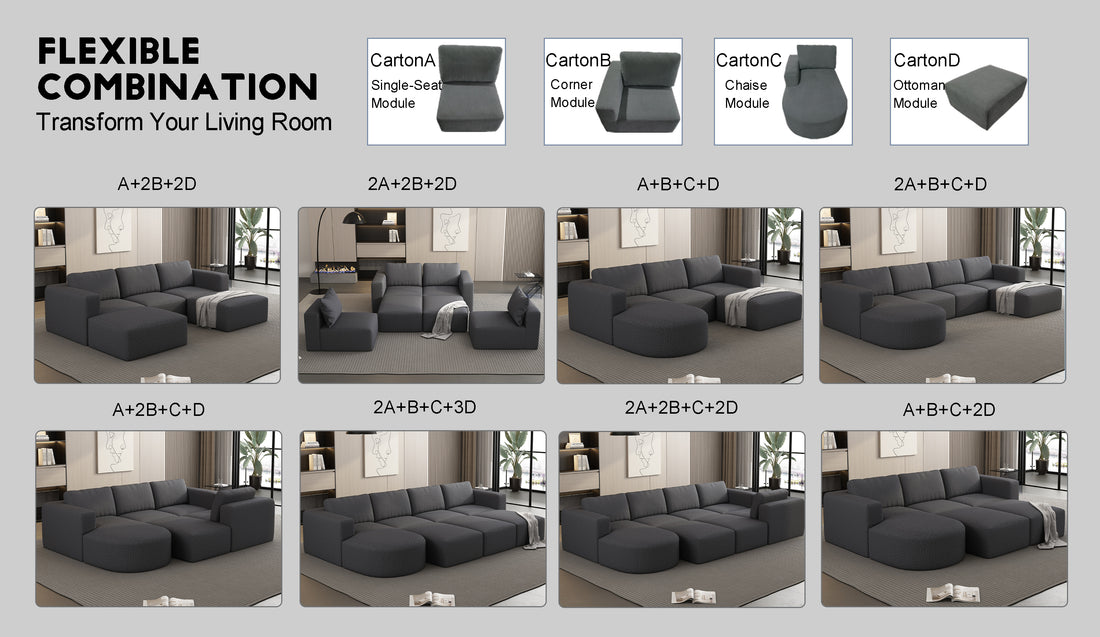 104.32*66.92 Modular Sectional Sofa Sleeper Couch, Sectional Sofa With Chaise And Ottoman, Convertible U Shaped Modular Sofa Set. Compressed Sponge, Dark Grey. Combo A 2B 2D Dark Grey Primary Living Space Soft Minimalist,Modern Foam Spring 5 Seat
