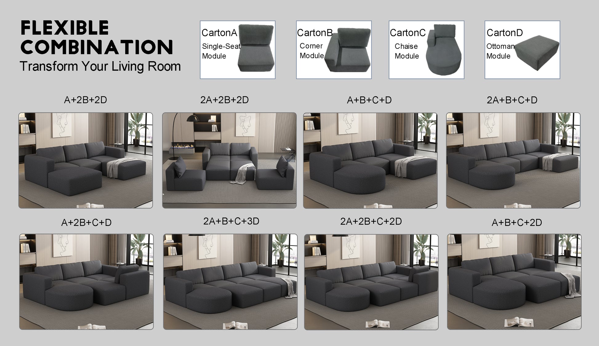104.32*66.92 Modular Sectional Sofa Sleeper Couch, Sectional Sofa With Chaise And Ottoman, Convertible U Shaped Modular Sofa Set. Compressed Sponge, Dark Grey. Combo A 2B 2D Dark Grey Primary Living Space Soft Minimalist,Modern Foam Spring 5 Seat