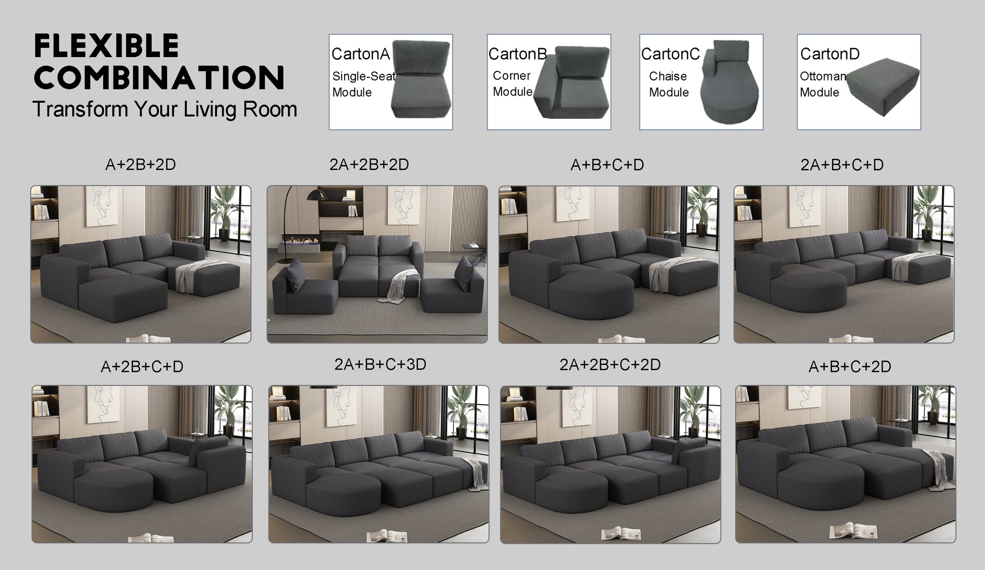 133.84*70.86 Modular Sectional Sofa Sleeper Couch, Sectional Sofa With Chaise And Ottoman, Convertible U Shaped Modular Sofa Set. Compressed Sponge, Dark Grey. Combo 2A B C D Dark Grey Primary Living Space Soft Minimalist,Modern Foam Spring 6 Seat