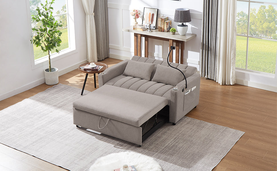 55.9" Convertible Sofa Bed Loveseat Sofa With Three Usb Ports, Two Side Pockets, Two Cup Holders And 360 Swivel Phone Holder For Living Room, Light Grey Light Grey Foam Polyester 2 Seat