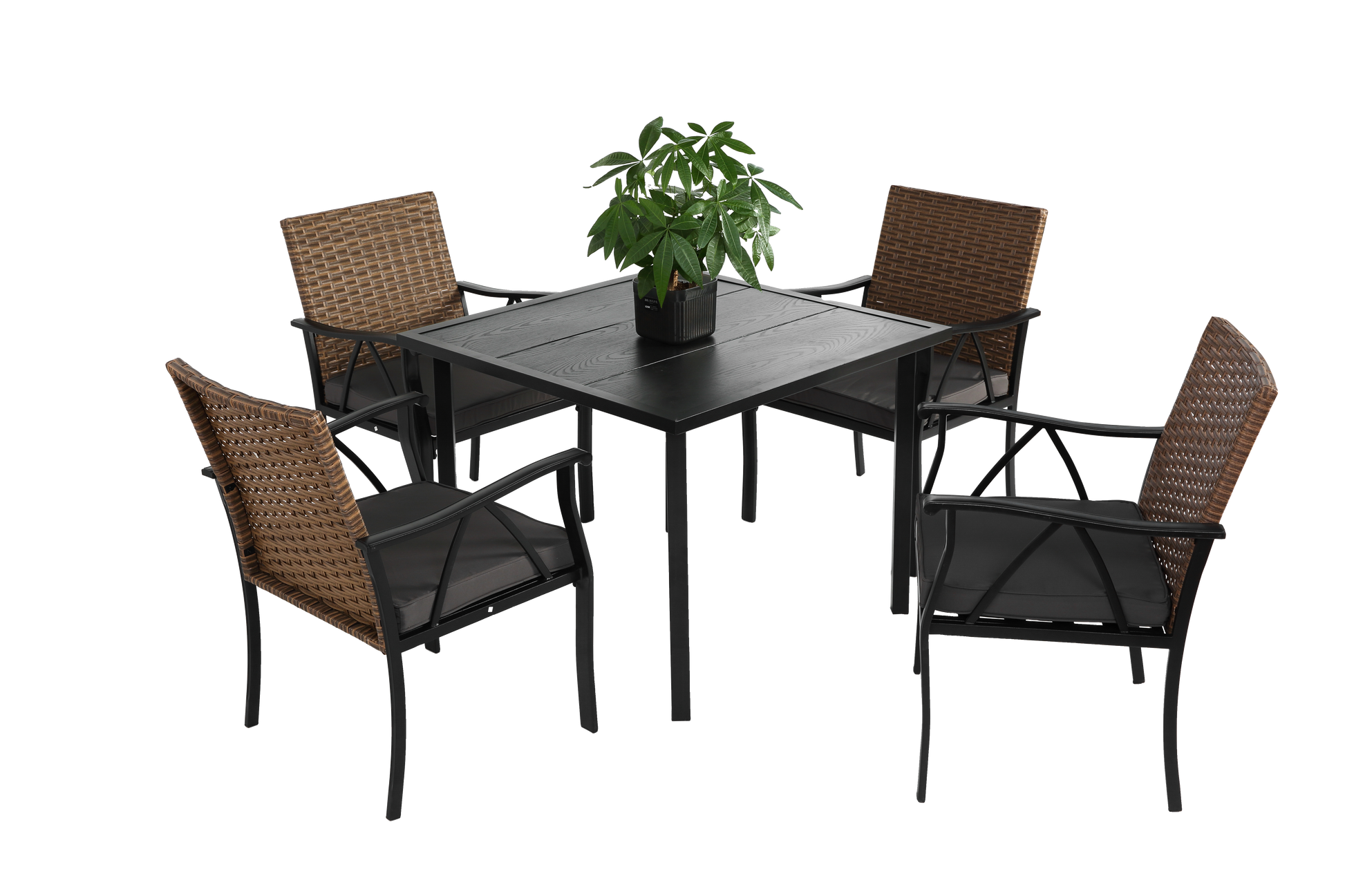 5 Piece Wicker Outdoor Table And Chairs, Patio Dining Set W Square Steel Tabletop And Umbrella Hole, Patio Table And Chairs Set For Backyard Deck Balcony Front Porch Brown Gray Cotton Steel