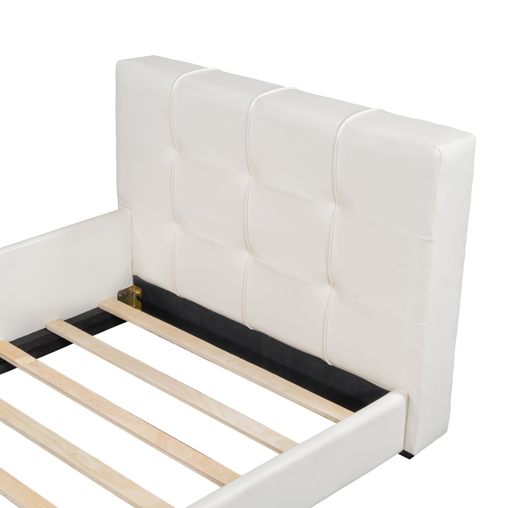 Twin Size Upholstered Platform Bed With Guardrail, White Box Spring Not Required Twin White Wood Faux Leather Upholstered