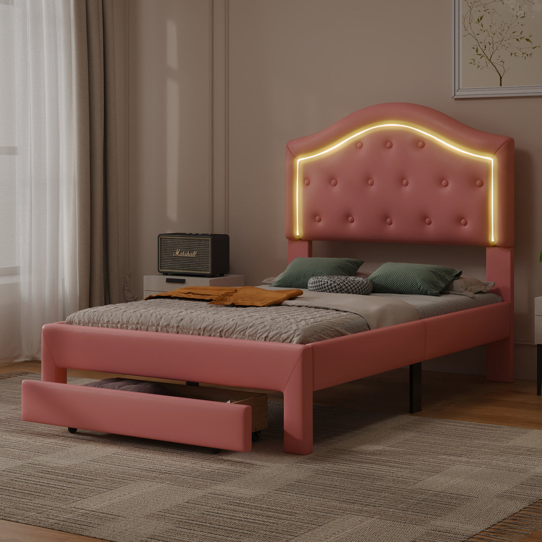 Twin Size Upholstered Platform Bed With Tufted Headboard, Led And A Drawer, Pink Box Spring Not Required Twin Pink Bedroom Faux Leather Upholstered