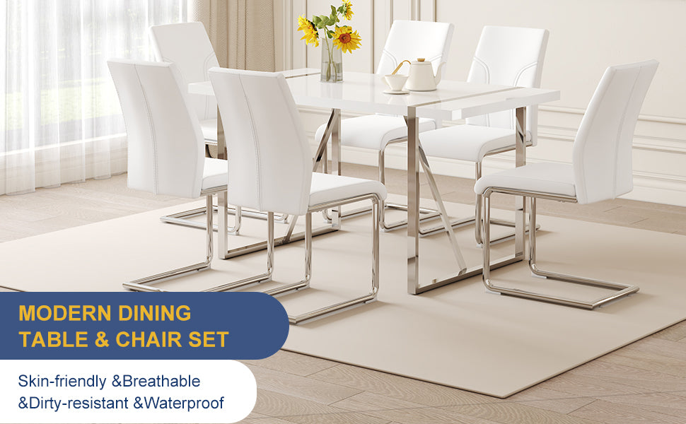 Table And Chair Set.55"X31.5" Mdf Painting Dining Table Set With 6 Pu Chairs.Showcasing A Modern And Stylish Look.Suitable For Dining Room.Mdf Painting,Iron Pipe Plating,Pu Chiairs,White. White