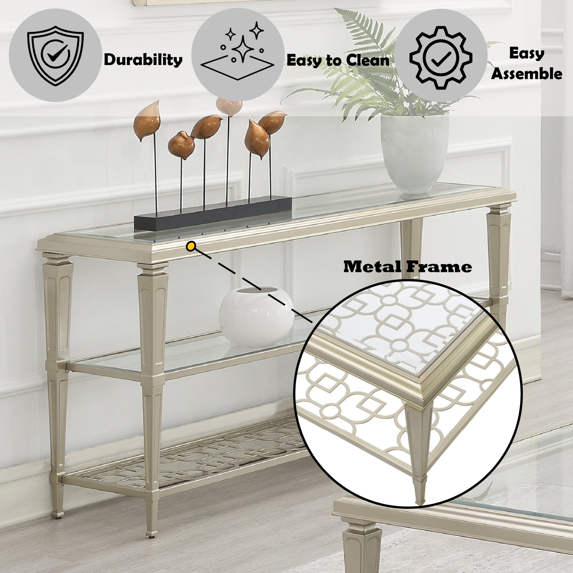 Zaba Sofa Table, Glass & Champagne Finish Lv02787 Champagne Glass Metal