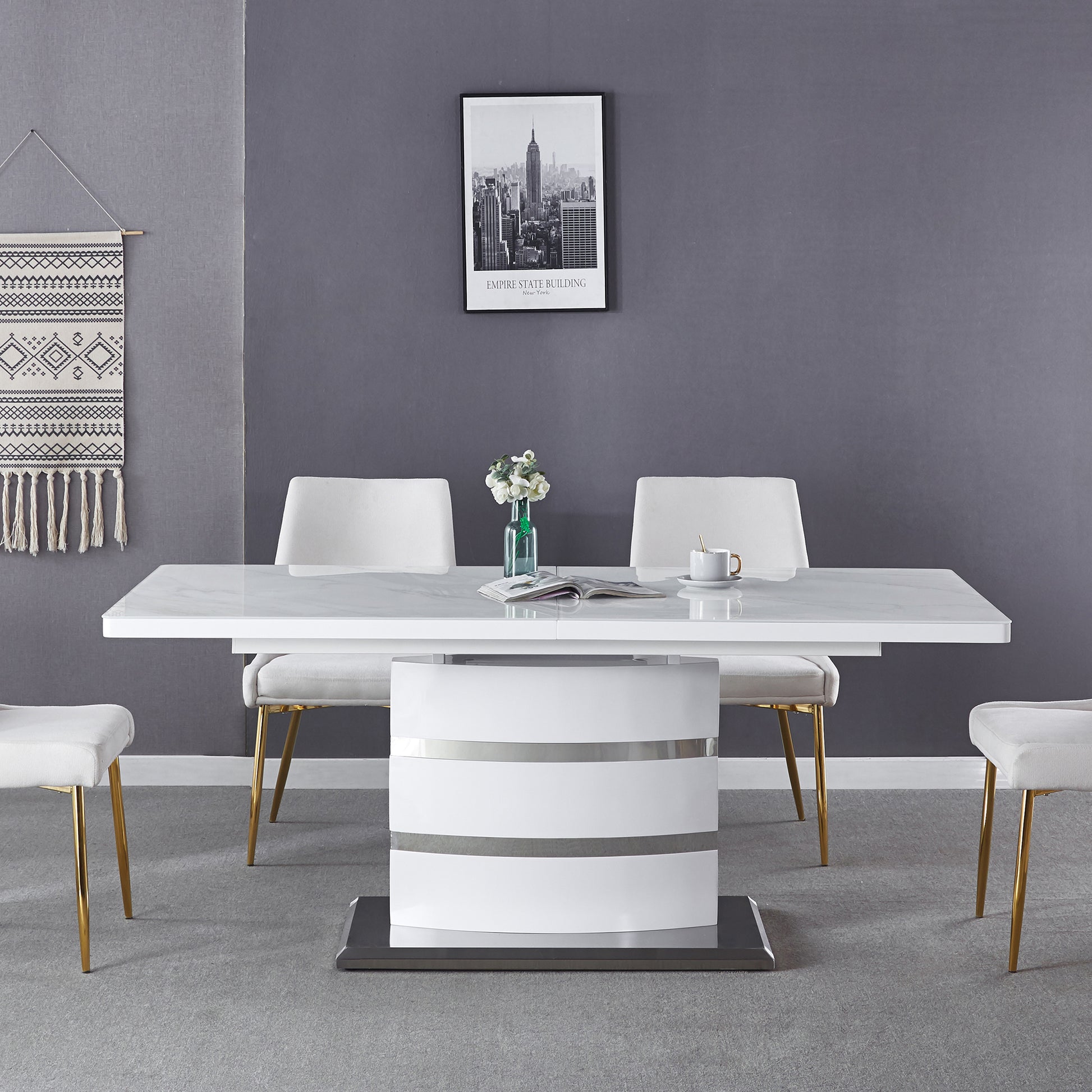 Expandable Glass Top Table With Butterfly Leaf, White Lacquer Mdf Base With Stainless Steel 70.9" 86.6" X 35.4" X 29.5" White Mdf