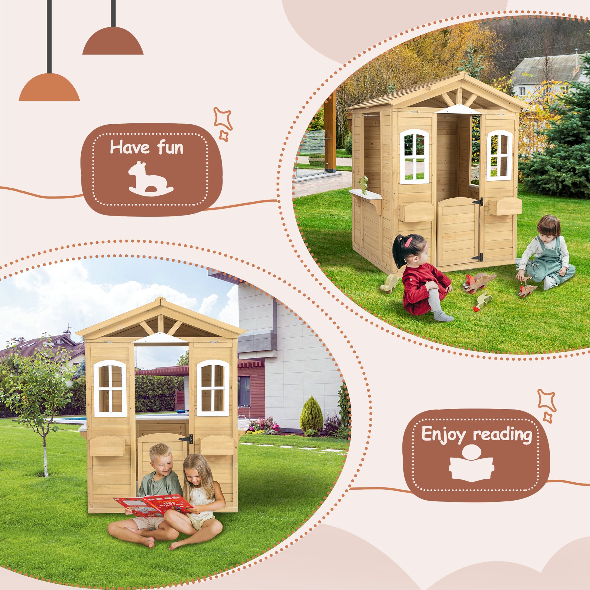 Wooden Playhouse For Kids Outdoor With Working Door, Windows, Mailbox, Flowers Pot Holder, 39" X 38" X 55.5" Natural Solid Wood