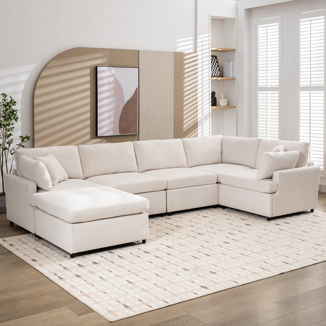 Modern Large U Shape Sectional Sofa, With Removable Ottomans For Living Room 6 Seater Beige Polyester 6 Seat