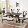 Retro 6 Piece Trestle Dining Table Set With Upholstered Dining Chairs And Dining Bench, Smooth Dining Backs For Dining Room, Living Room, Kitchen, Gray Gray Wood Dining Room Solid Wood Rubberwood Rectangular Dining Table With Chair And Bench Upholstered