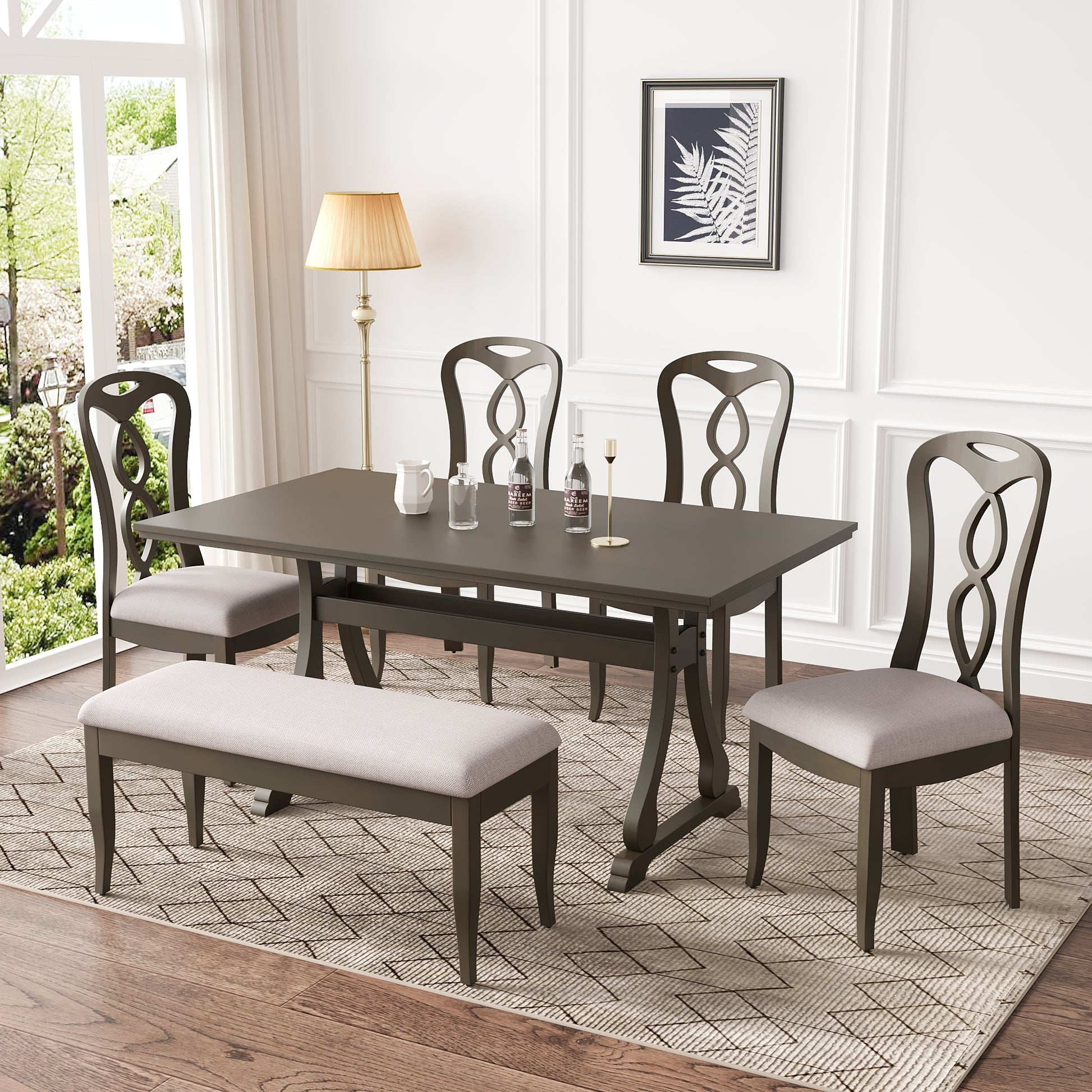 Retro 6 Piece Trestle Dining Table Set With Upholstered Dining Chairs And Dining Bench, Smooth Dining Backs For Dining Room, Living Room, Kitchen, Gray Gray Wood Dining Room Solid Wood Rubberwood Rectangular Dining Table With Chair And Bench Upholstered