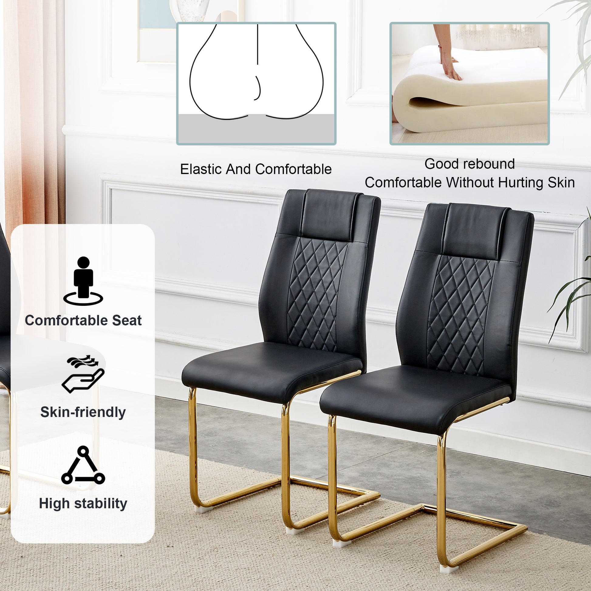 Table And Chair Set.Modern Rectangular Dining Table With Transparent Tempered Glass Tabletop And Gold Plated Metal Legs.Paried With 8 Comfortable Chairs With Pu Seats And Golden Metal Legs. Black Gold,Transparent Seats 8 Glass Metal