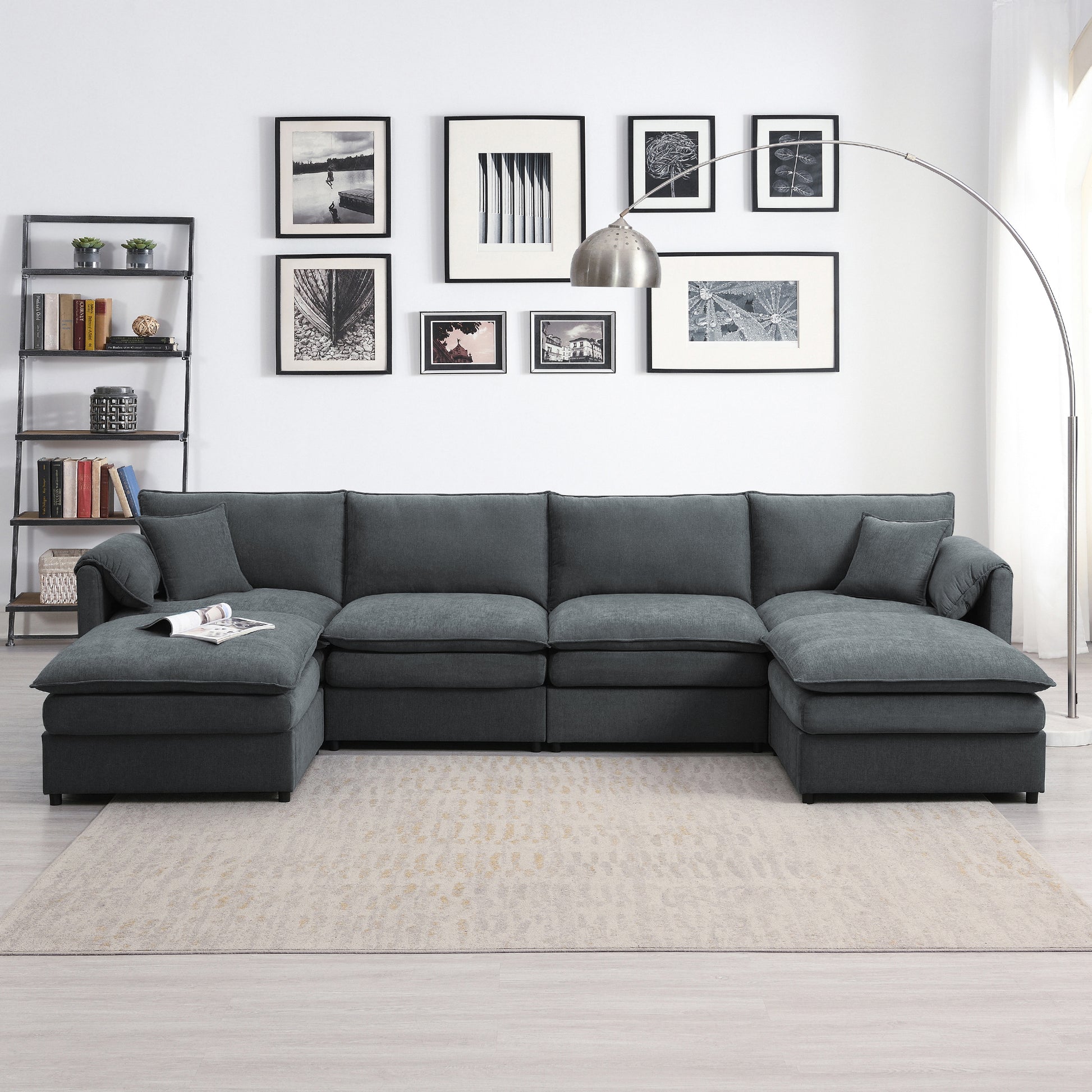 134*66" Chenille Modular Sectional Sofa,U Shaped Cloud Couch Set With Double Cushions ,6 Seat Sleeper Sofa Bed With Ottomans,Oversized Indoor Furniture For Living Room, 3 Colors Dark Gray Chenille 6 Seat