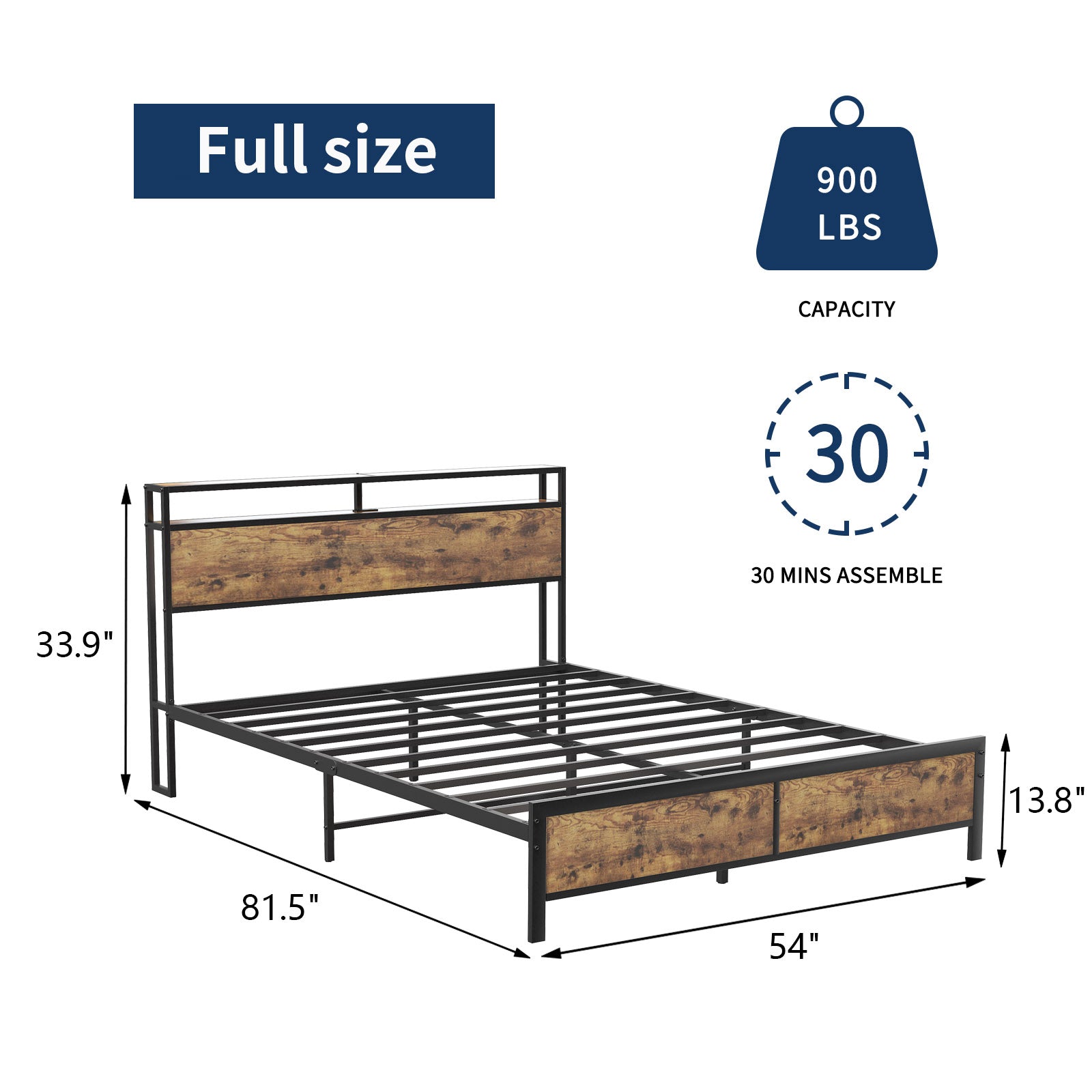 Industrial Full Bed Frame With Led Lights And 2 Usb Ports, Bed Frame Full Size With Storage, Noise Free, No Box Spring Needed, Rustic Brown Full Rustic Brown Metal Metal