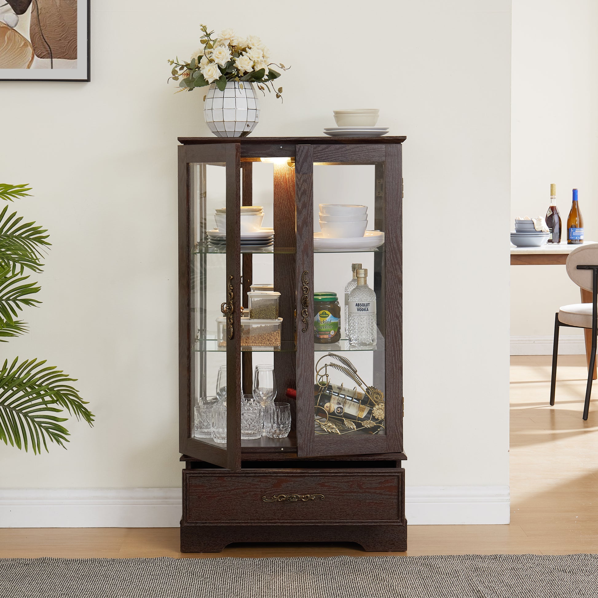 Glass Cabinet Lighted Glass Cabinet Curio Display Cabinet With Adjustable Glass Shelves 2 Doors And 1 Drawer Cabinet Bulb Included Cherry Cherry Mdf Glass