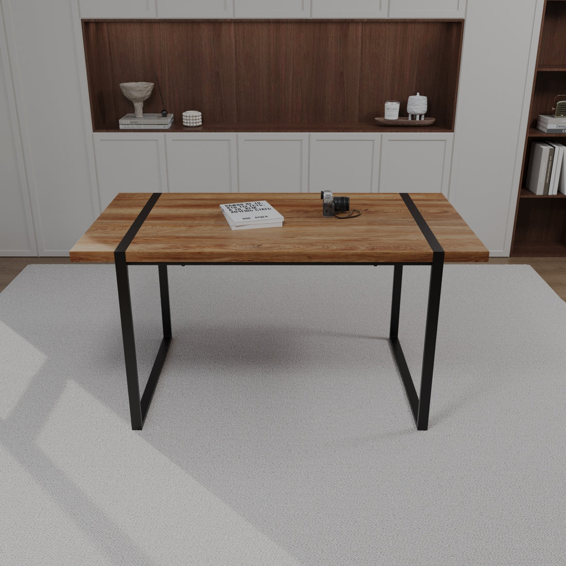 59 "Rural Industrial Rectangular Mdf Natural Wood Dining Table, 4 6 People, 1.5" Thick Engineering Wood Tabletop And Black Rectangular Metal Legs, Used For Writing Desks, Kitchens, Terraces Wood Kitchen Mdf