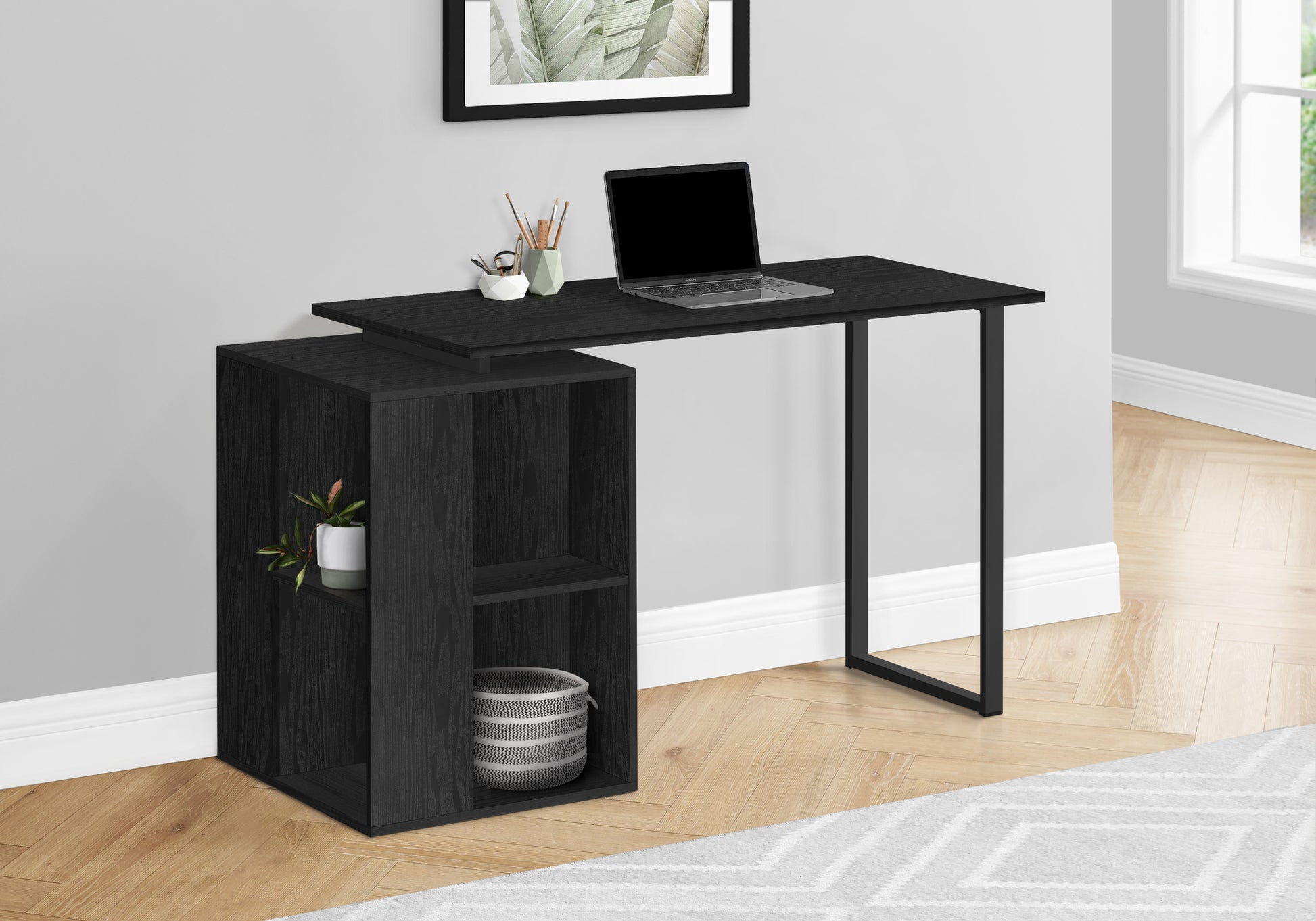 Computer Desk, Home Office, Left, Right Set Up, Storage Shelves, 55"L, Work, Laptop, Black Laminate, Black Metal, Contemporary, Modern Black Particle Board