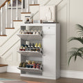 Shoe Cabinet,Freestanding Tipping Bucket Shoe Rack Organizer With 3 Flip Drawers,Entryway Narrow Shoe Storage With Adjustable Storage Shelf,Modern Slim Hidden Shoe Cabinet, White 5 Or More Spaces White Primary Living Space Particle Board