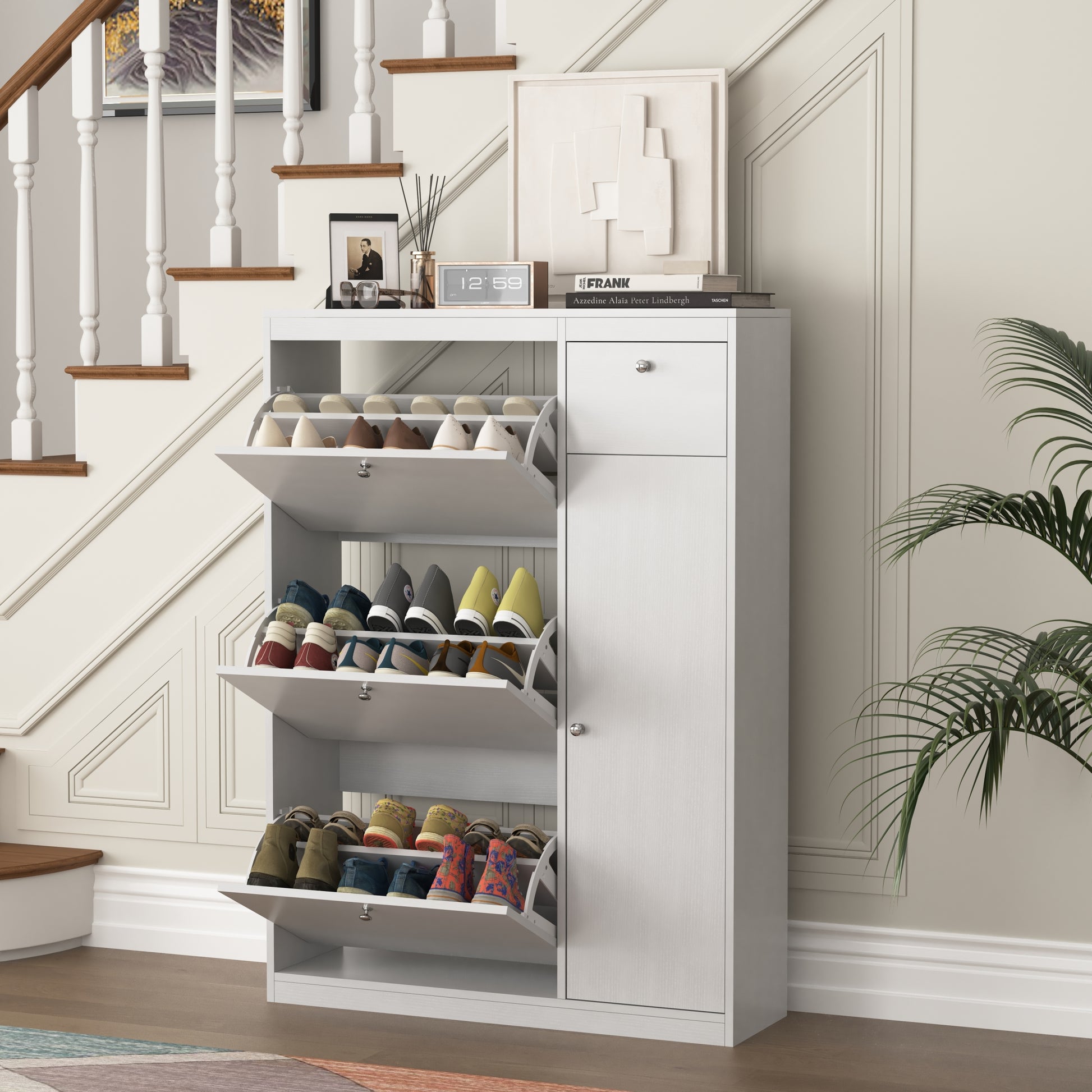 Shoe Cabinet,Freestanding Tipping Bucket Shoe Rack Organizer With 3 Flip Drawers,Entryway Narrow Shoe Storage With Adjustable Storage Shelf,Modern Slim Hidden Shoe Cabinet, White 5 Or More Spaces White Primary Living Space Particle Board