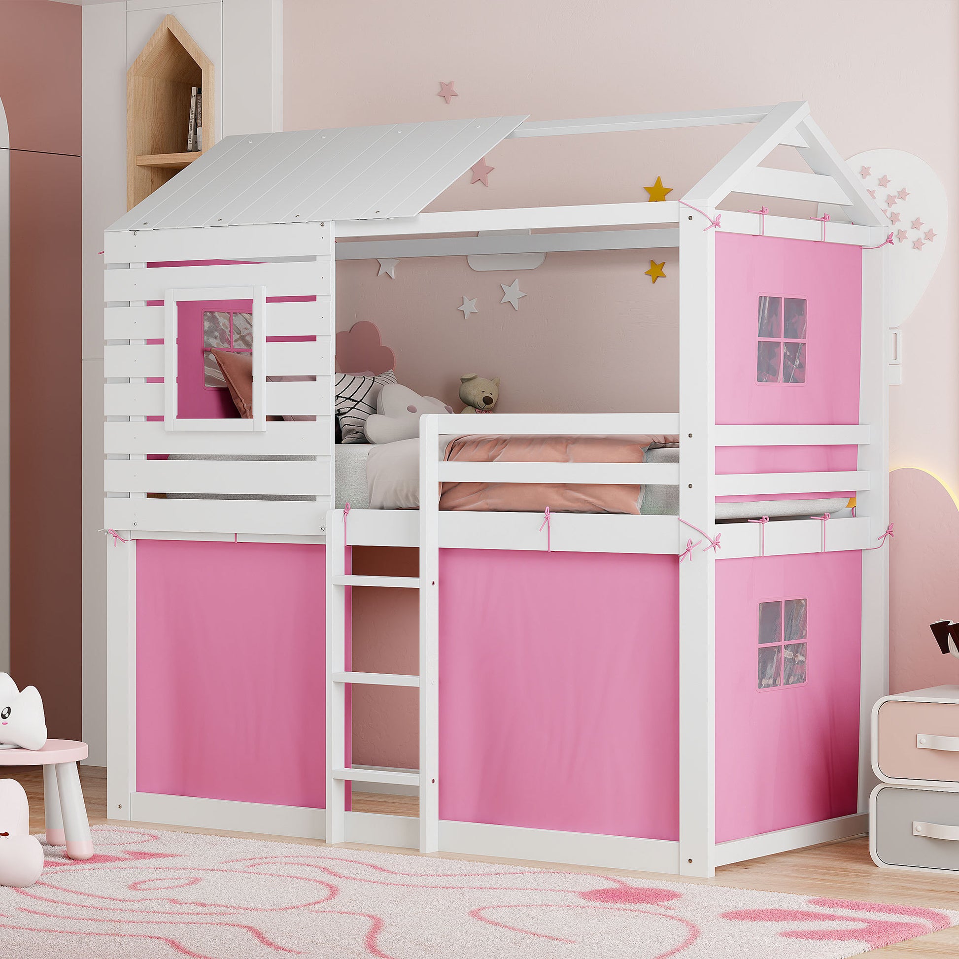 Twin Size Bunk Wood House Bed With Tent, Pink White Twin Pink White Solid Wood Mdf