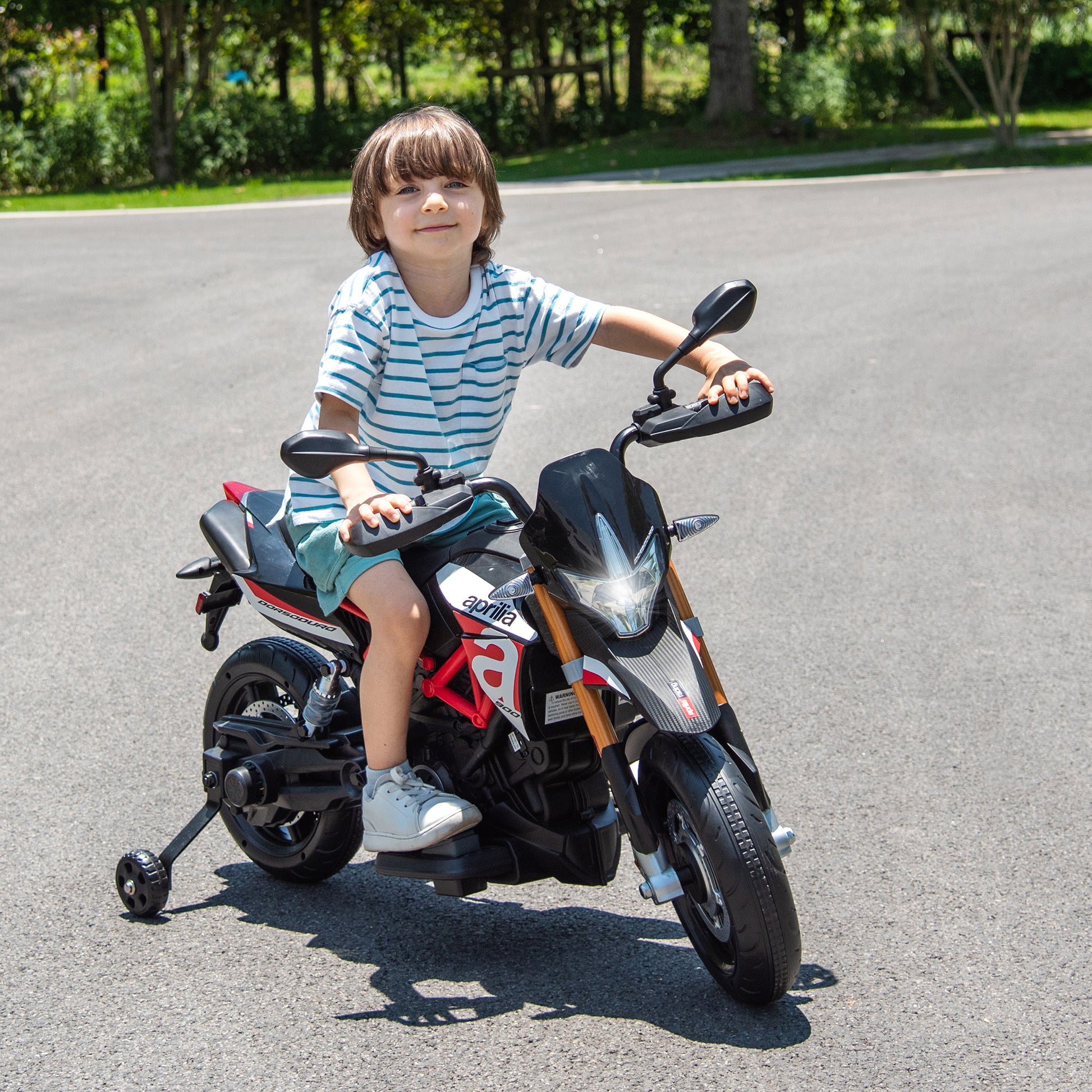 Red, Licensed Aprilia Electric Motorcycle, 12V Kids Motorcycle, Ride On Toy W Training Wheels, Spring Suspension, Led Lights, Sounds & Music, Mp3, Battery Powered Dirt Bike For Boys & Girls Red 50 99 Lbs Iron Plastic Iron Plastic Indoor & Outdoor Use