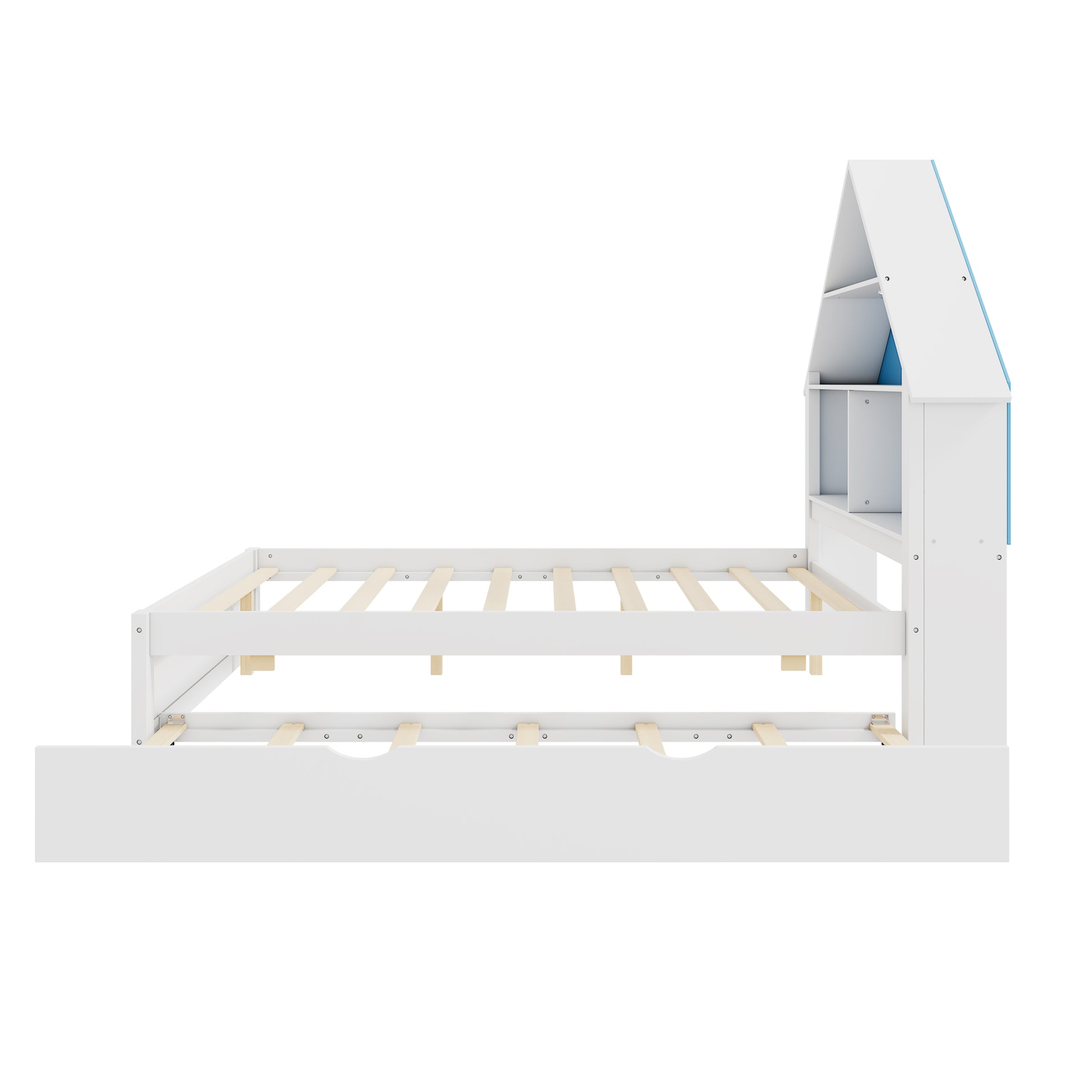Full Size House Shaped Bed With Bookcase Headboard And Led Light And Twin Size Trundle For Kids Boys Girls, Blue White Box Spring Not Required Full White Blue Wood Bedroom Cute Bed Frame Wood
