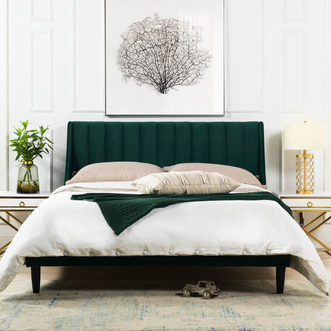 Aspen Vertical Tufted Modern Headboard Platform Bed Set, Queen, Evergreen Velvet Box Spring Not Required Queen Green Wood Foam Velvet Velvet