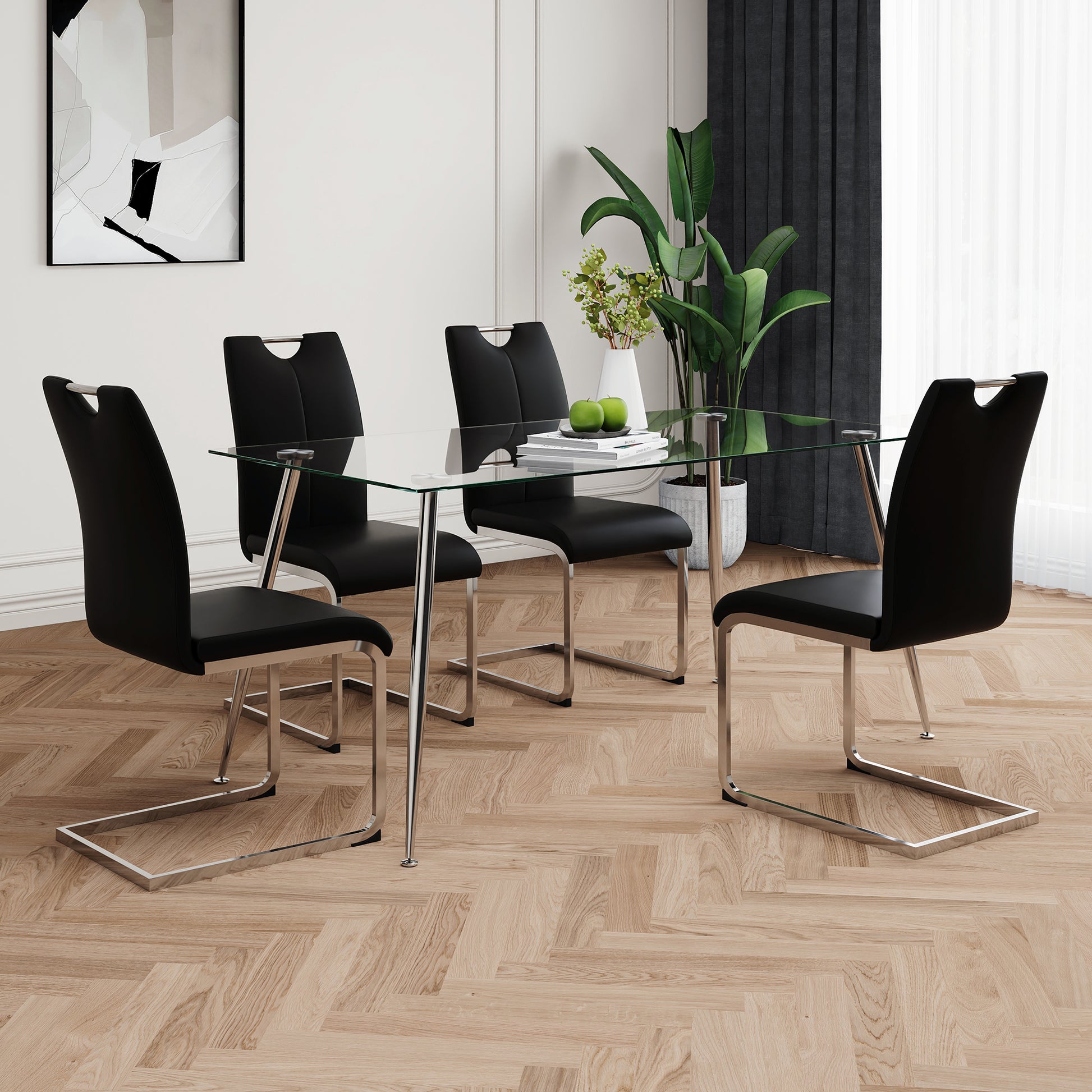 Modern Simple Rectangular Glass Dining Table, Solid Tempered Glass Tabletop, Electroplated Table Legs, Black Pu Dining Chair Set, Suitable For Restaurant Kitchen Use Set Of 5 Upholstered Chair Glass Black Pu Seats 4 Metal Rectangular Dining Table With