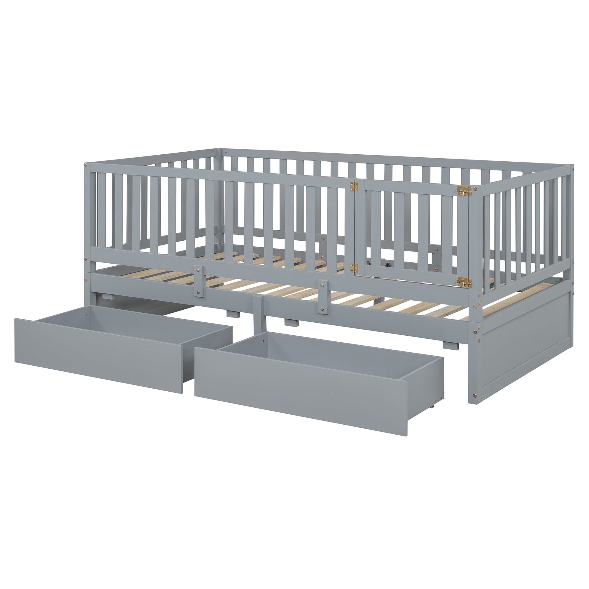 Twin Size Wood Daybed With Fence Guardrails And 2 Drawers, Split Into Independent Floor Bed & Daybed, Gray Old Sku :Lp000881Aae Twin Gray Solid Wood Mdf