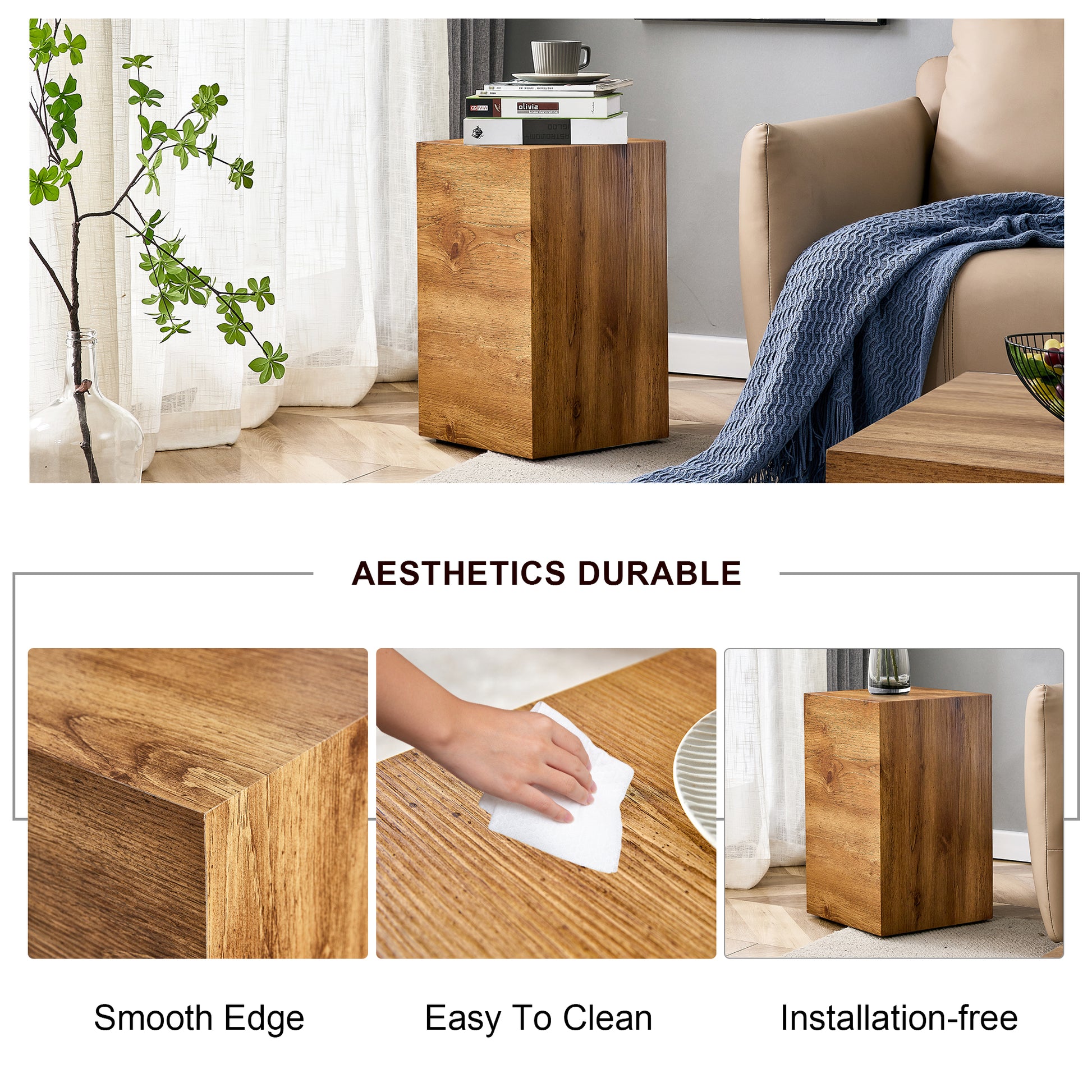 Compact Mdf Coffee Table: 11.8X11.8X19.6 Inches, Stylish Texture Design Wood Mdf