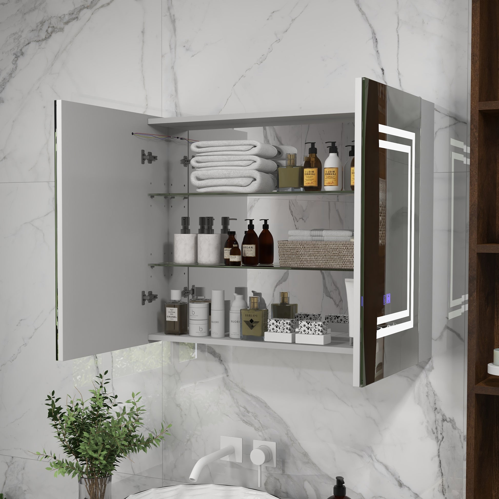 Kleankin Lighted Medicine Cabinet With Mirror, 26" X 32" Wall Mounted Bathroom Mirror With Storage, Bathroom Wall Cabinet With Usb Charge, 3 Color Lights And Adjustable Shelf, High Gloss White White Mdf