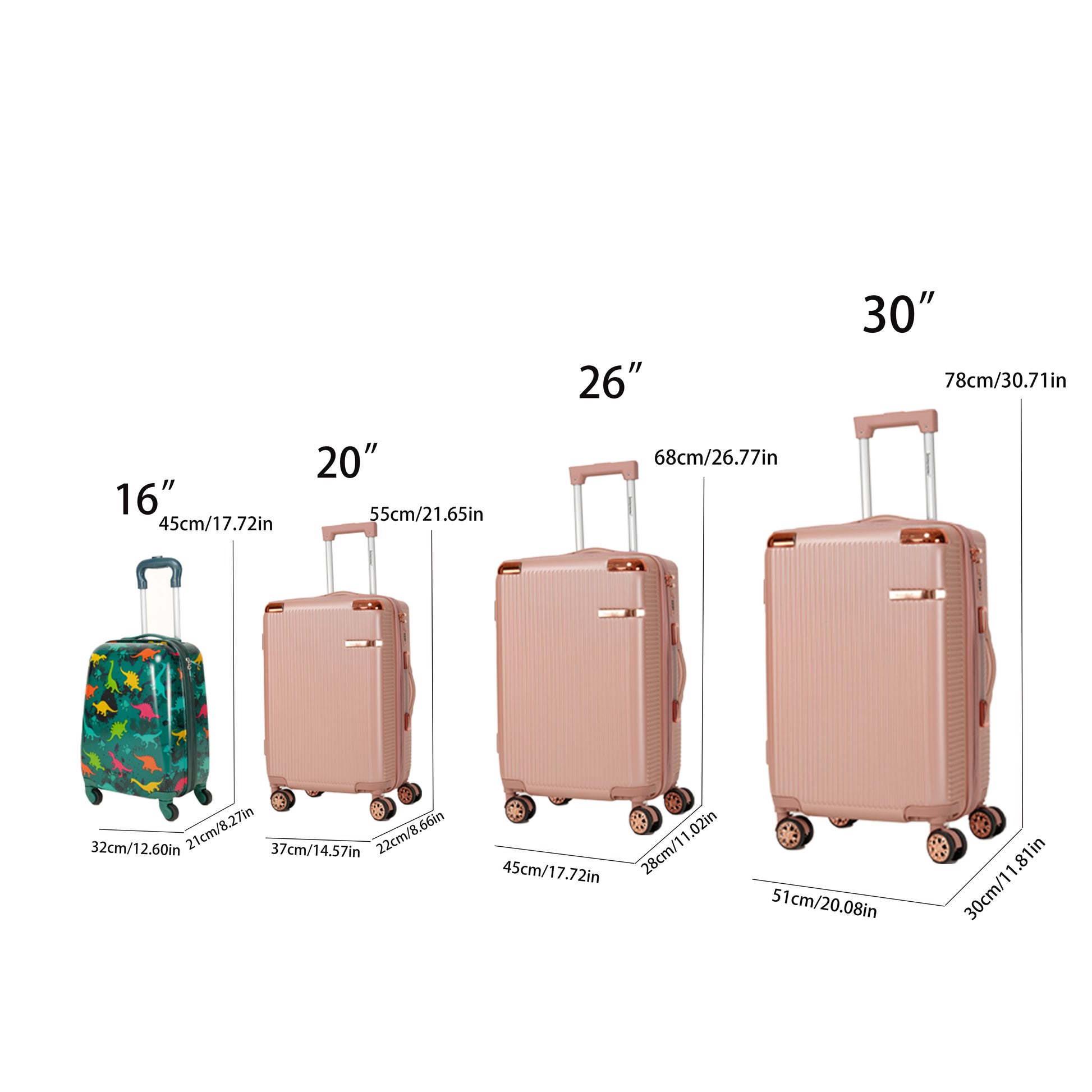 4 Piece Luggage Set, Abs 16 Inch 20 Inch 26 Inch 30 Inch Luggage, Expandable Carry On Luggage Set, With Password Lock And Swivel Wheels, Suitable For Travel And Carrying Green,Rose Gold Abs