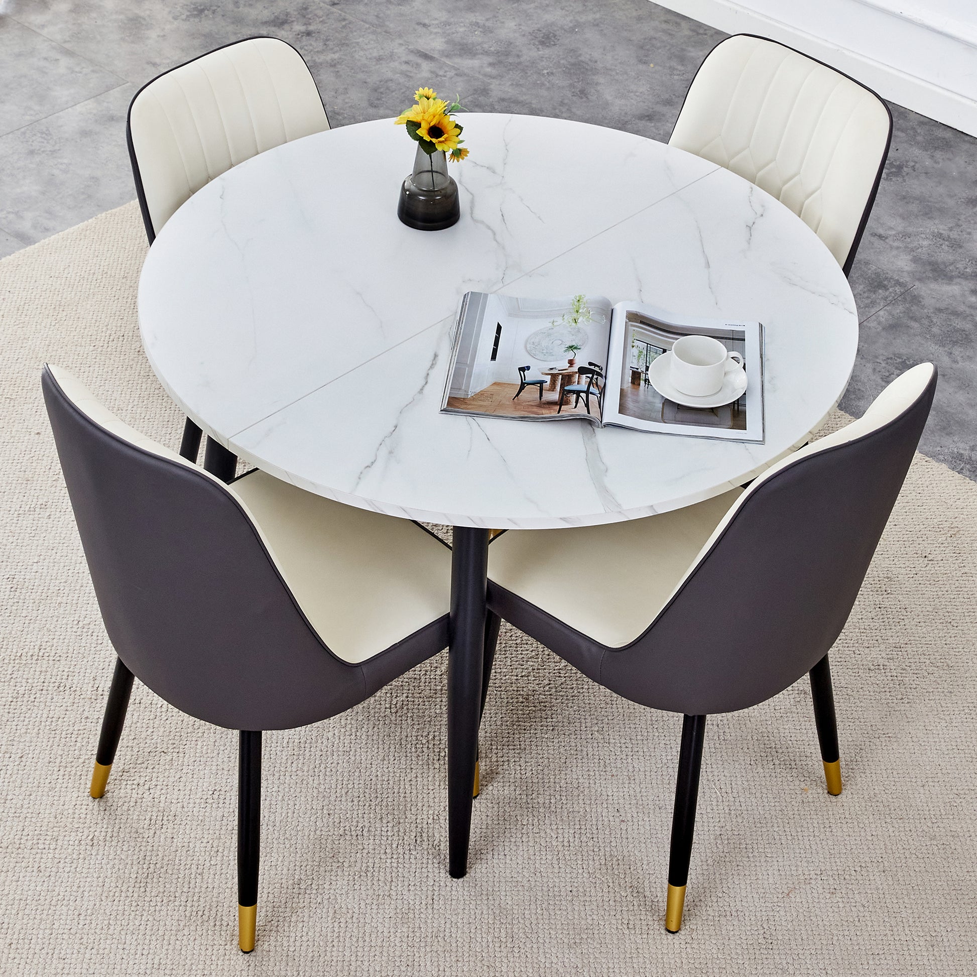 Table And Chair Set.Modern Extendable Mdf Dining Table.The Table Has A Telescopic Design, Suitable For Gatherings Of Different Size.Paired With 4 Chairs With Pu Cushions And Black Metal Legs. Dark Gray,White Seats 4 Mdf Metal