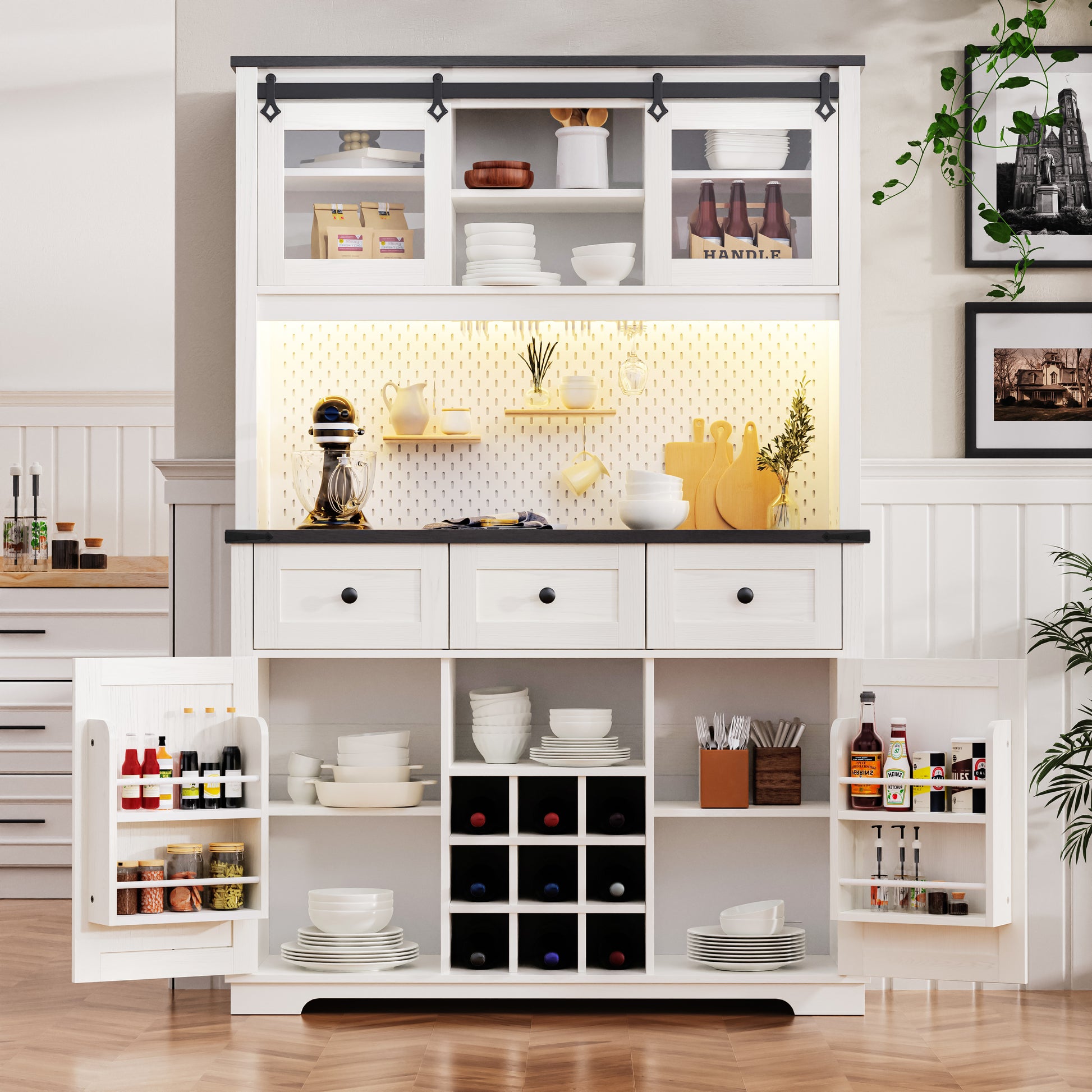 K&K 71" Farmhosue Pantry Bar Cabinet With Internal Storage Rack,Kitchen Cabinet With Hutch,Sliding Door,Power Outlet,Pegboard,Wine & Glasses Rack,3 Drawers,Rustic Coffee Bar Storage Cabinet,White Oak White Oak White Kitchen American Design,American