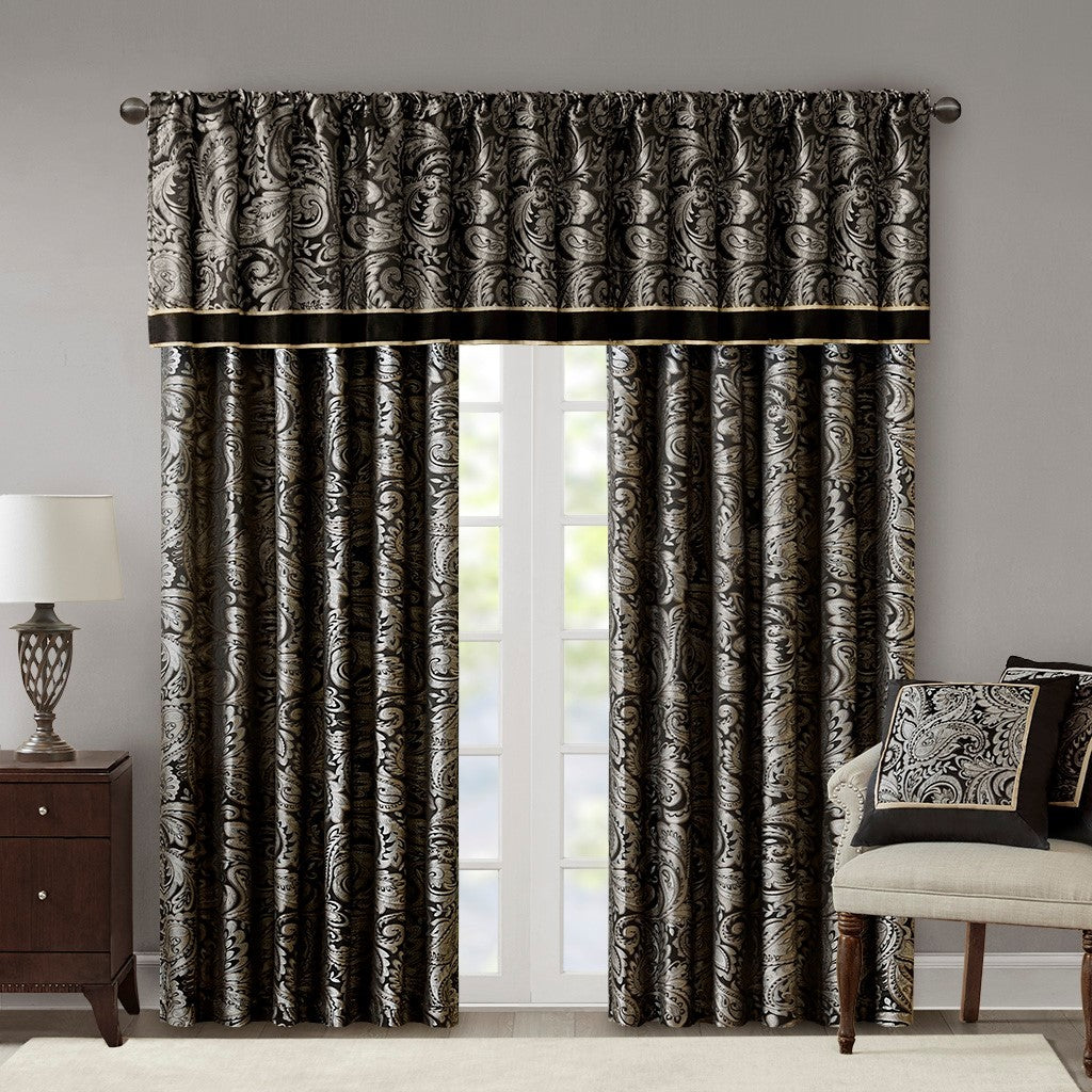 Jacquard Curtain Panel Pair 2 Pcs Window Panels Black Polyester