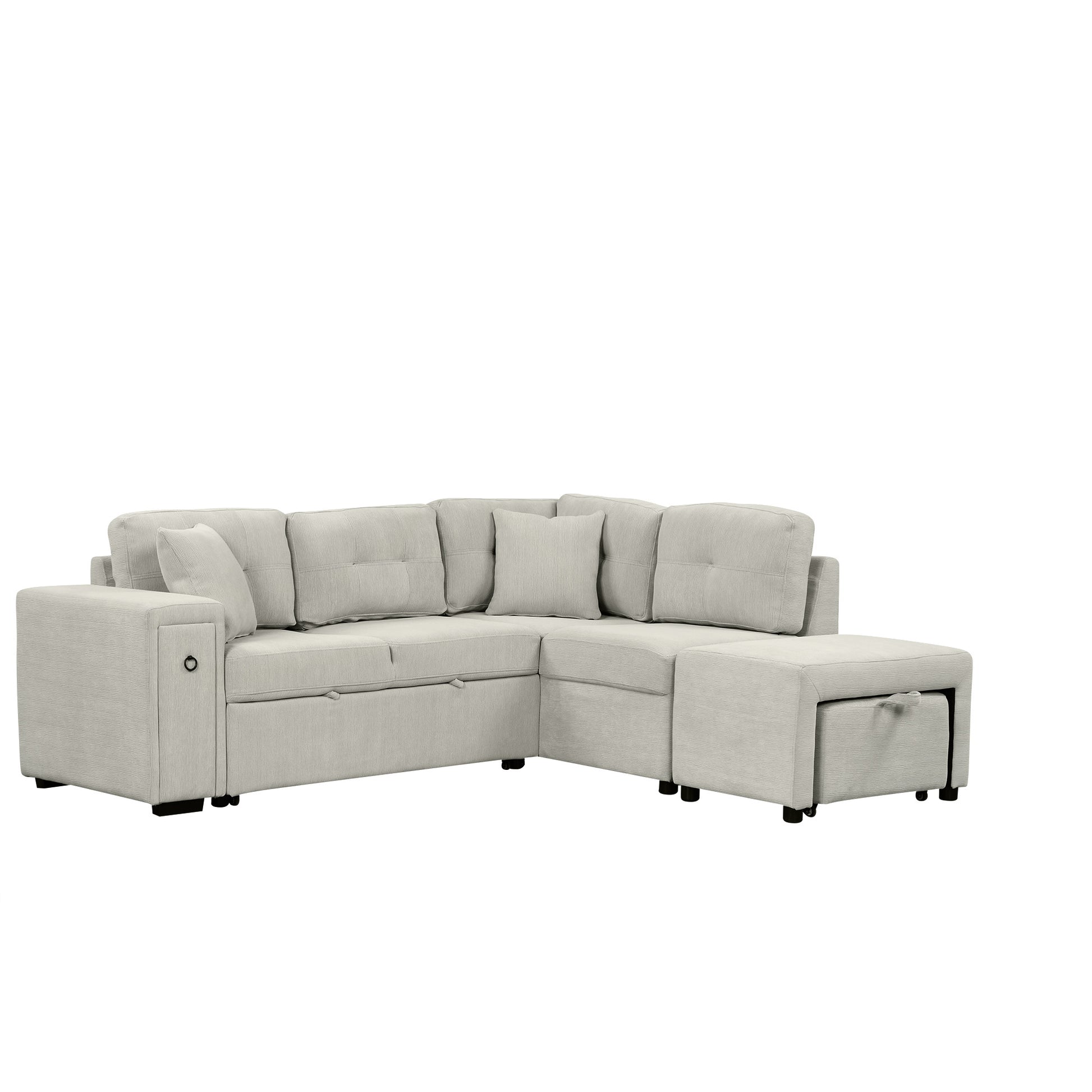 86.6" Sectional Sofa L Shaped Sofa Couch Pull Out Sofa Bed With A Movable Ottoman, Two Usb Ports And Two Cup Holders For Living Room, Gray Grey Foam Chenille 4 Seat