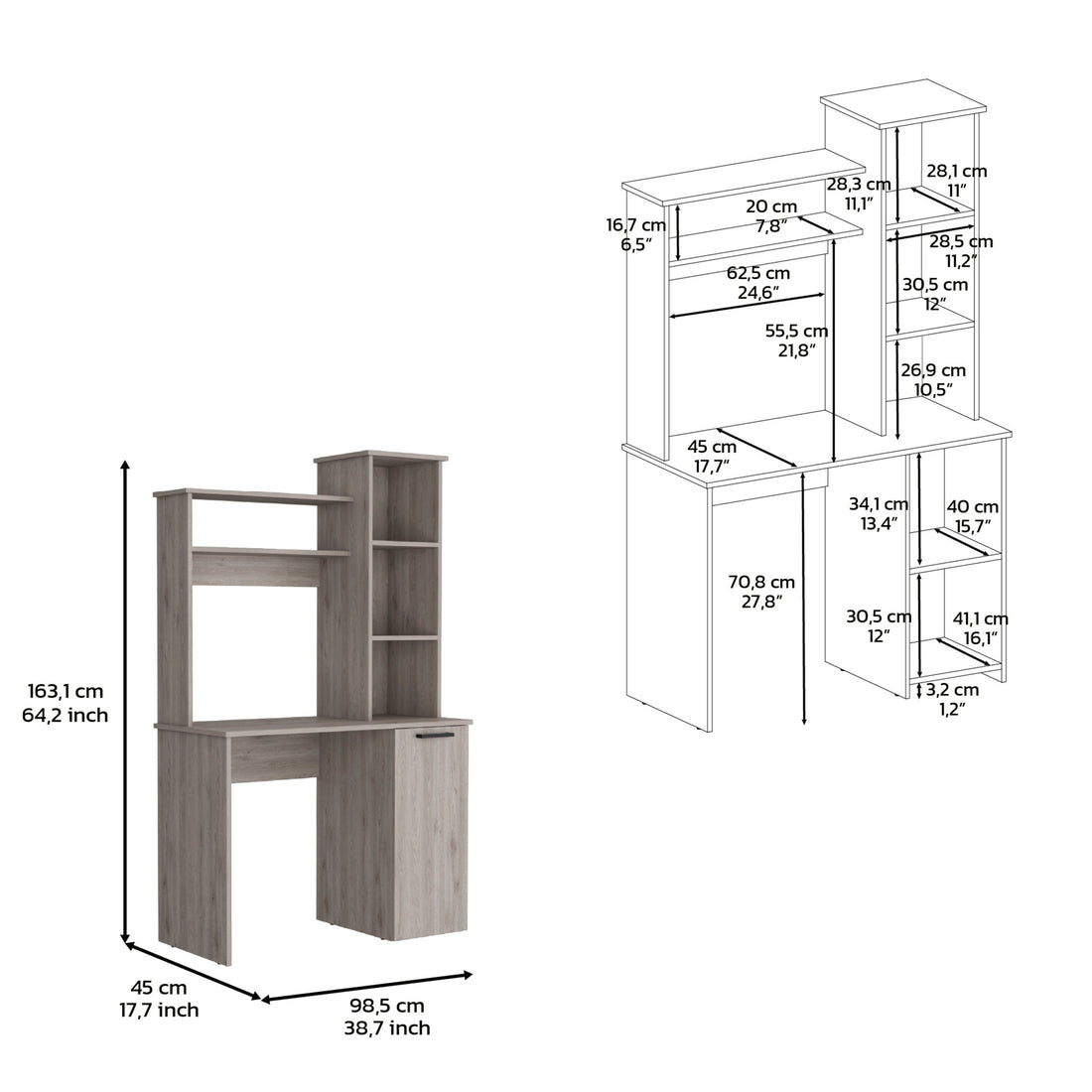 Muncy Computer Desk With Large Work Surface, Hutch Storage And Single Door Cabinet With 3 Tier Shelves, Light Gray Gray Particle Board Particle Board