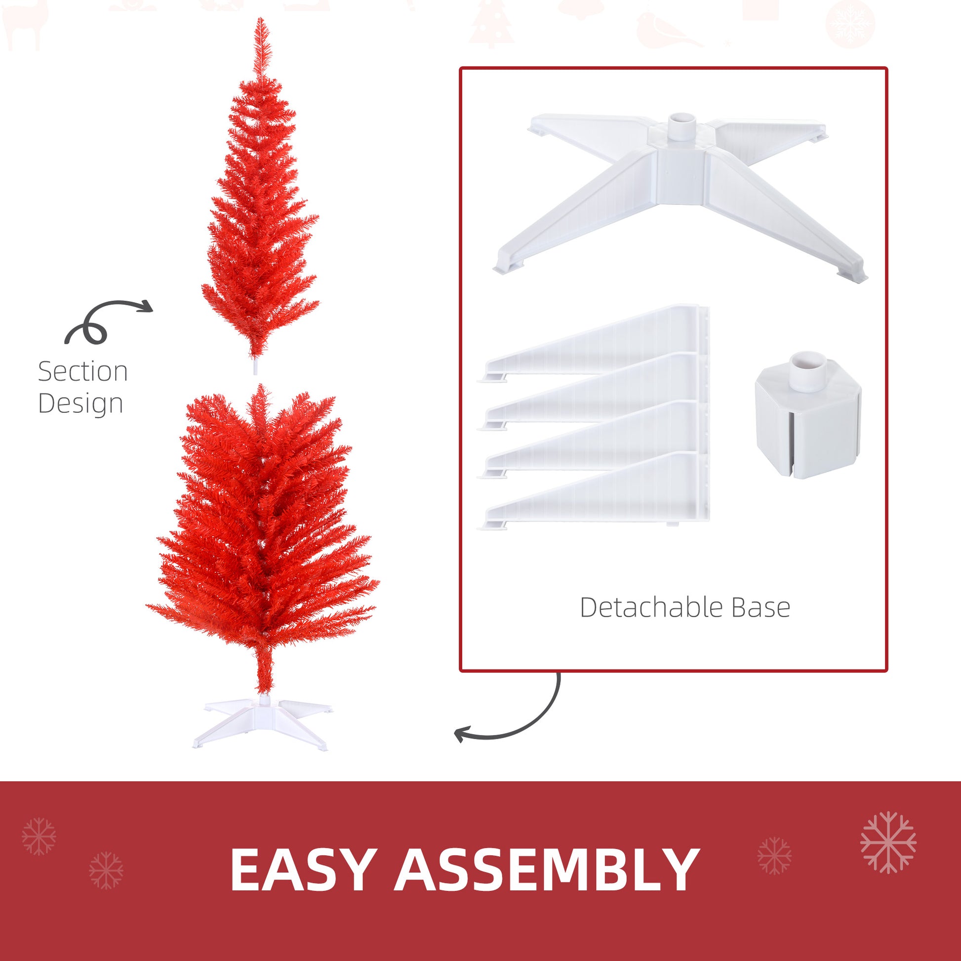 Homcom 5' Artificial Pencil Christmas Tree, Slim Xmas Tree With 294 Realistic Branch Tips And Plastic Stand, Red Red Plastic